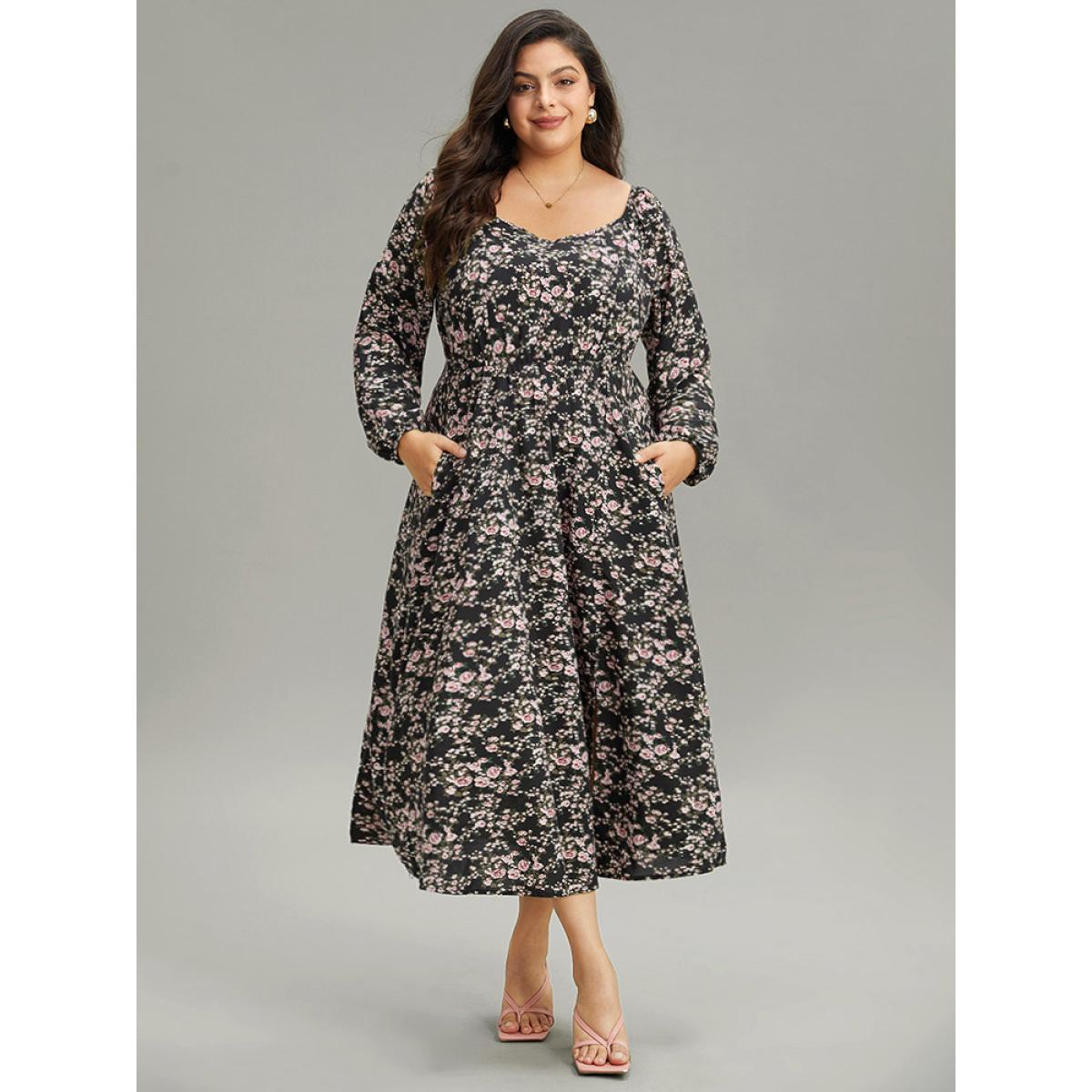 Plus Size Ditsy Floral Pocket Plicated Detail Split Side Dress Black Women Elegant Elastic cuffs Square Neck Long Sleeve Curvy Midi Dress BloomChic 22-24/3X Product Image