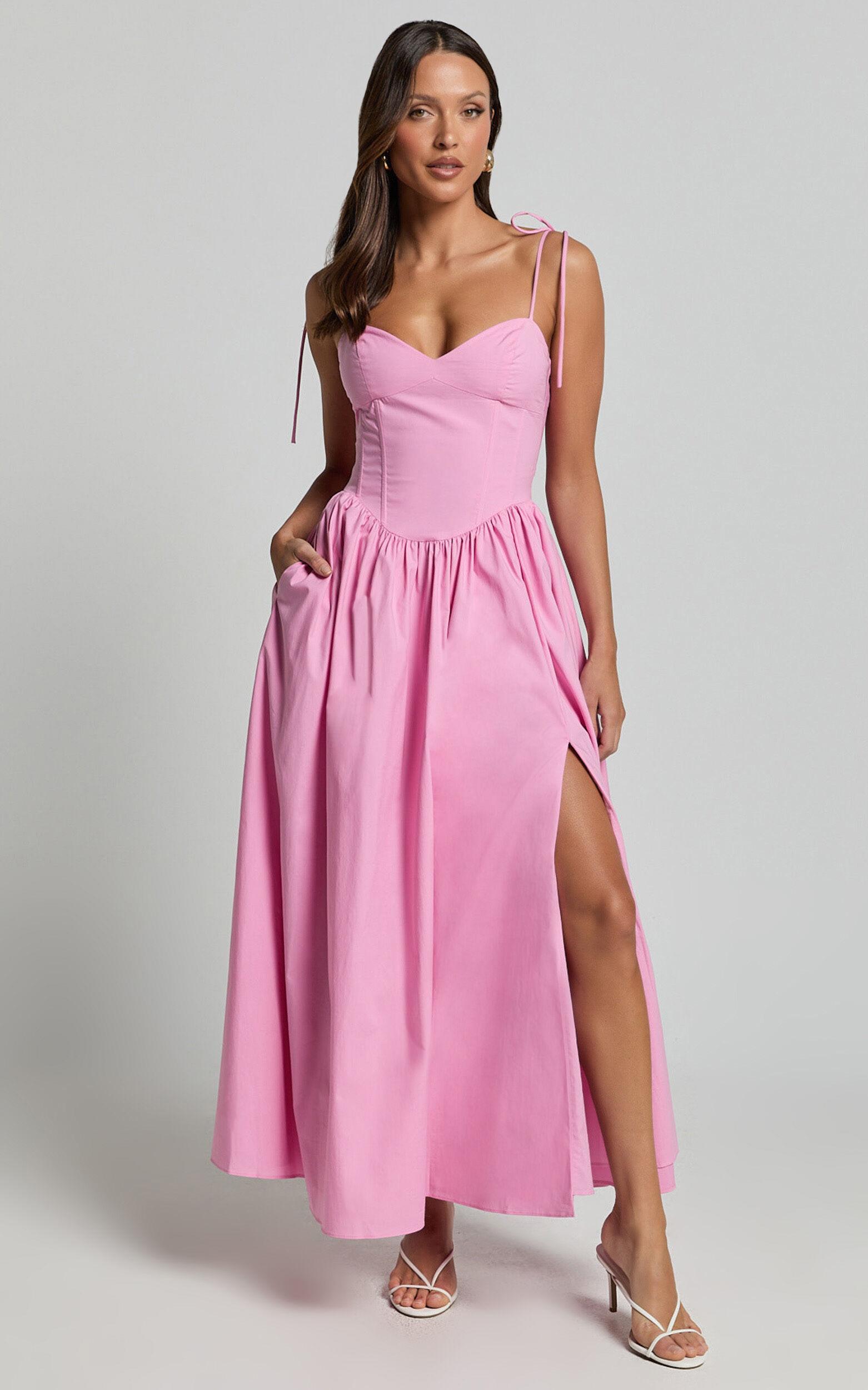 Holly Midi Dress - Corset Lace Up Dress with Split in Musk Pink Product Image