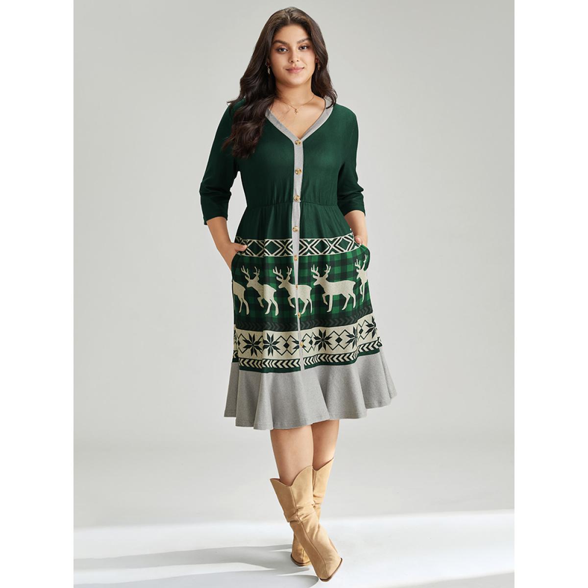 Plus Size Christmas Elk Elastic Waist Patchwork Button Detail Dress DarkGreen Women Casual Printed V-neck Elbow-length sleeve Curvy Midi Dress BloomChic 12/L Product Image