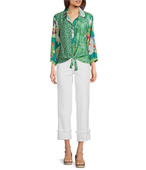 John Mark Woven Floral Leaf Print Point Collar 3/4 Sleeve Tie-Front Shirt Product Image