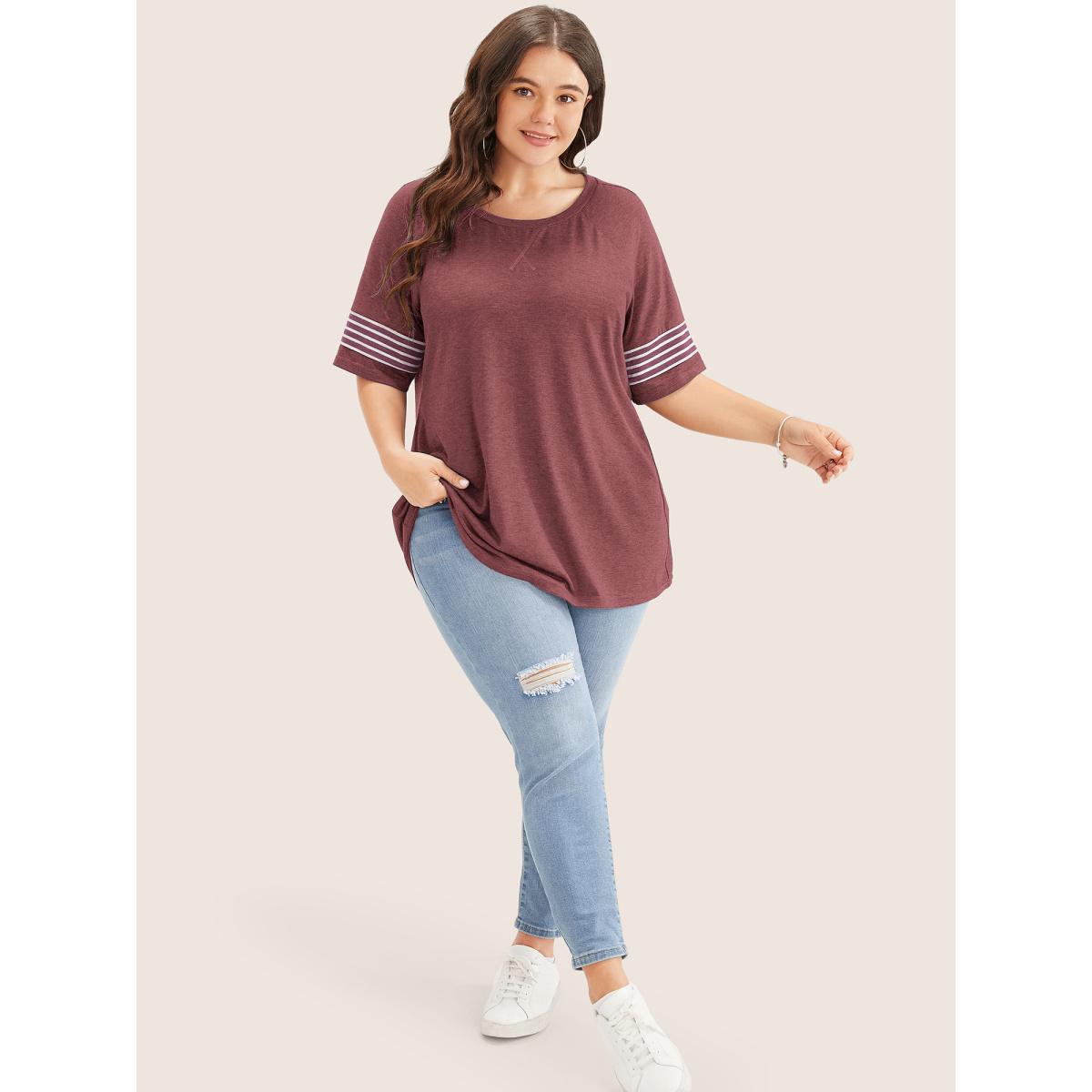 Plus Size Striped Contrast Raglan Sleeve Crew Neck T-shirt Burgundy Women Casual Plain Everyday T-shirts BloomChic 12/L Product Image