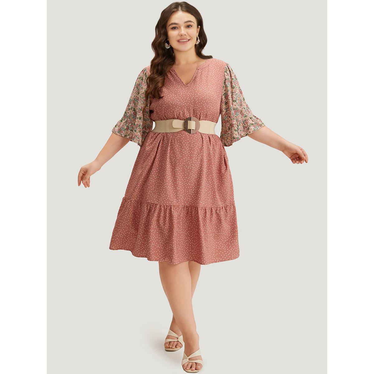 Plus Size Polka Dot & Ditsy Floral Print Notched Flutter Dress Rouge Women Elegant Printed Notched collar Half Sleeve Curvy Midi Dress BloomChic 22-24/3X Product Image