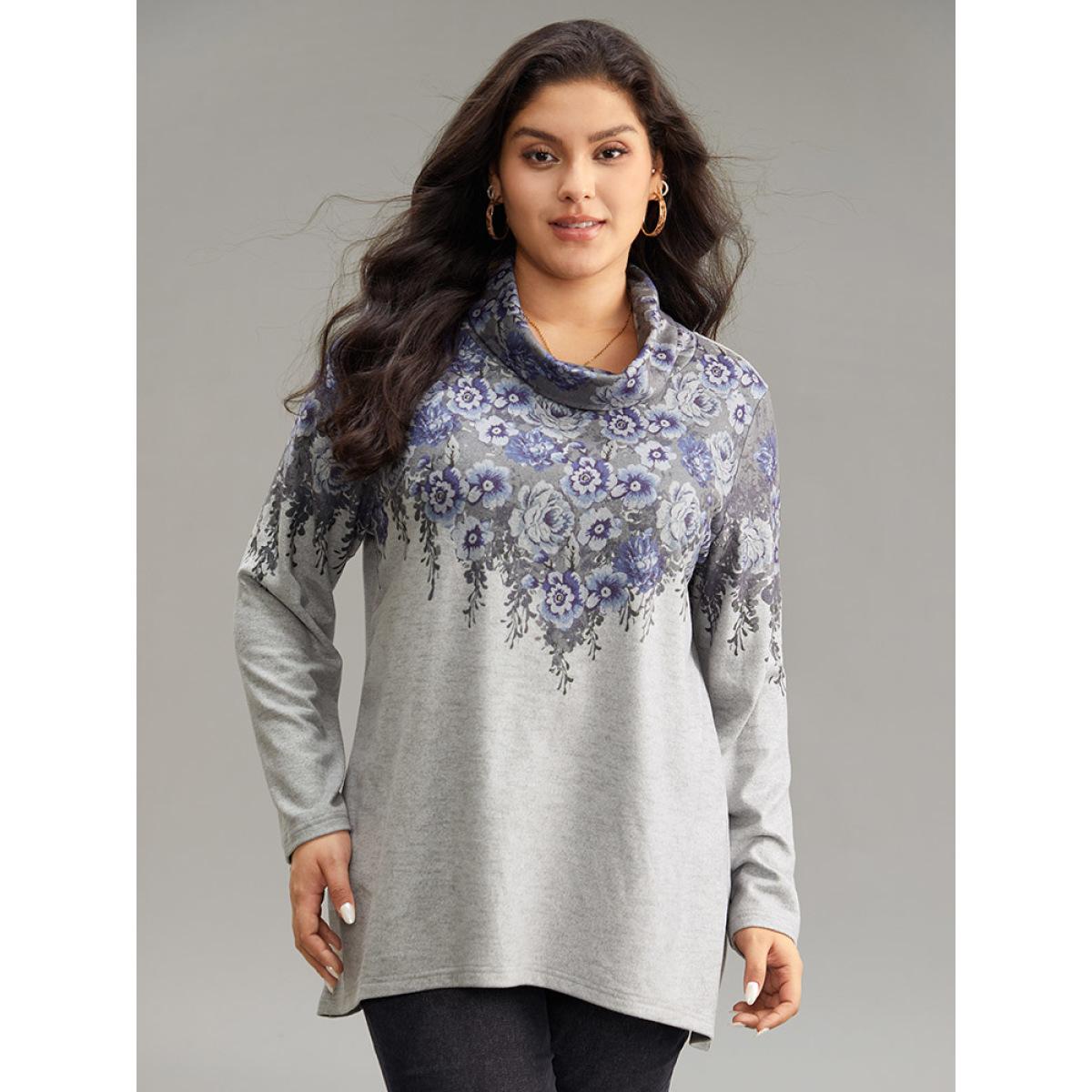 Plus Size Boho Print Mock Neck T-shirt Gray Women Casual Plain Floral Mock Neck Dailywear T-shirts BloomChic 12/L Product Image