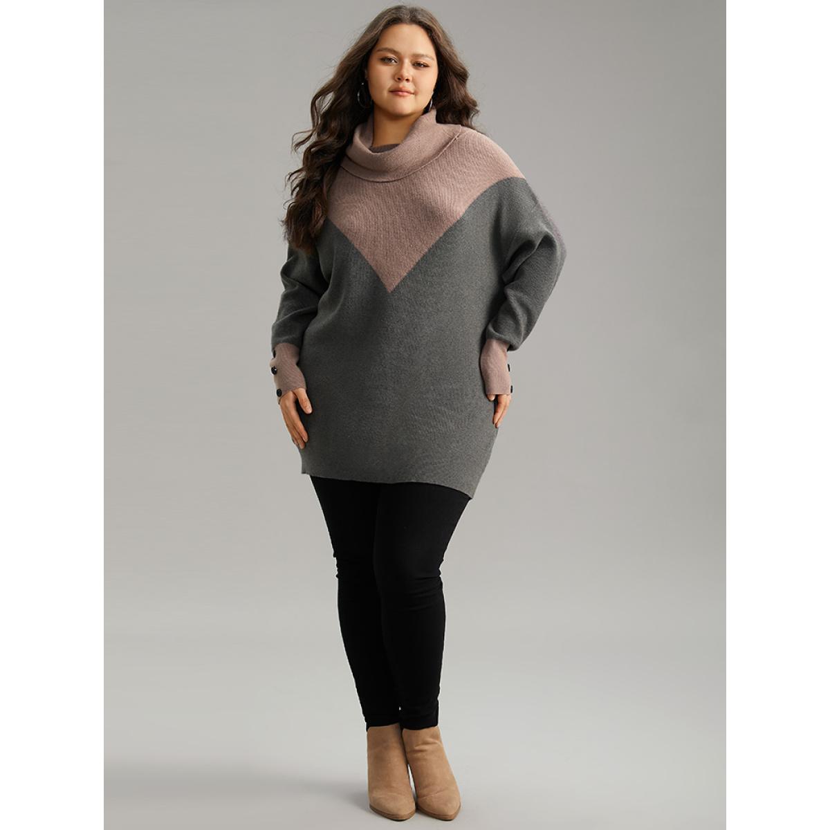 Plus Size Supersoft Essentials Turtleneck Contrast Button Detail Pullover DimGray Women Casual Loose Long Sleeve Turtleneck Dailywear Pullovers BloomChic 30/6X Product Image