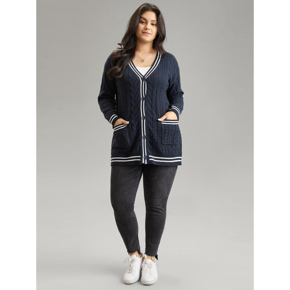 Plus Size Cable Knit Contrast Striped Button Through Cardigan Midnight Women Casual Loose Long Sleeve Dailywear Cardigans BloomChic 10/M Product Image