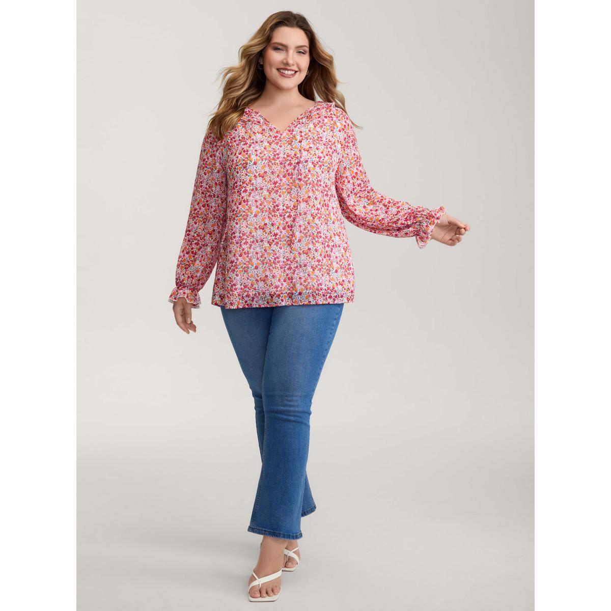 Plus Size Ivory Sweet Floral Print Ruffled Neck Blouse Women Timeless Long Sleeve V-neck Elegant Blouses BloomChic 18-20/2X Product Image