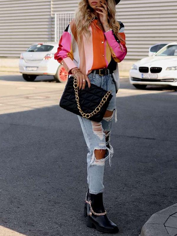 Long Sleeves Loose Contrast Color Printed Lapel Blouses Product Image