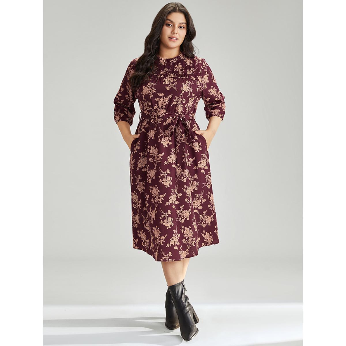 Plus Size Silhouette Floral Print Stand Collar Belted Pleated Dress Burgundy Women Elegant Elastic cuffs Stand-up collar Elbow-length sleeve Curvy Midi Dress BloomChic 28/5X Product Image