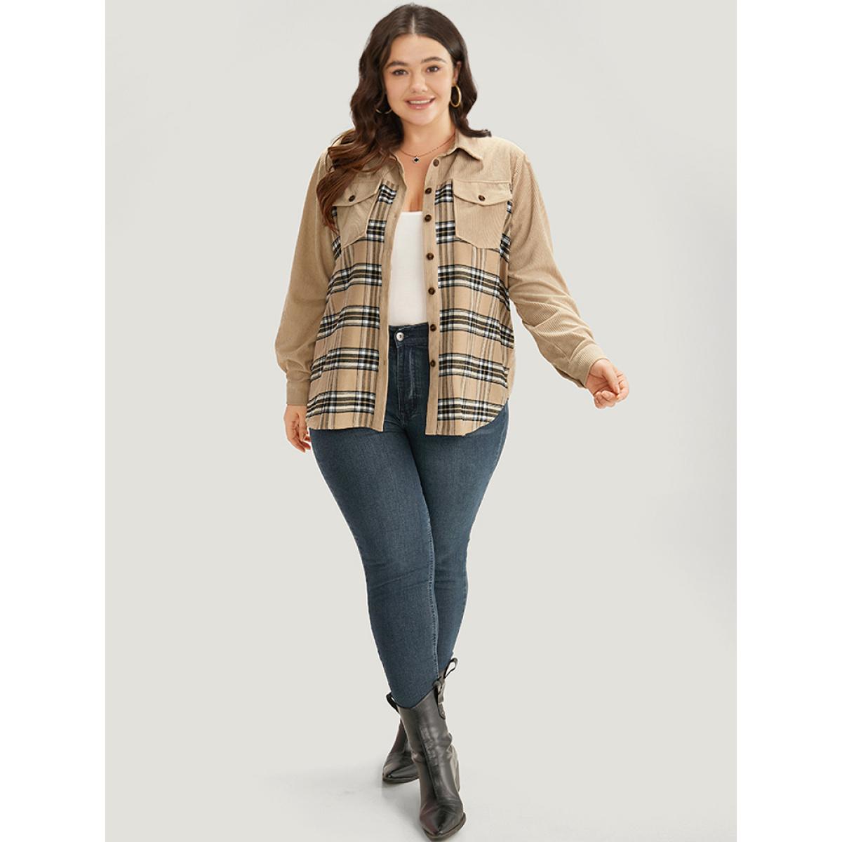 Plus Size Plaid Pocket Button Through Patchwork Shirt Collar Coat Women Tan Texture Pocket Dailywear Jackets BloomChic 12/L Product Image