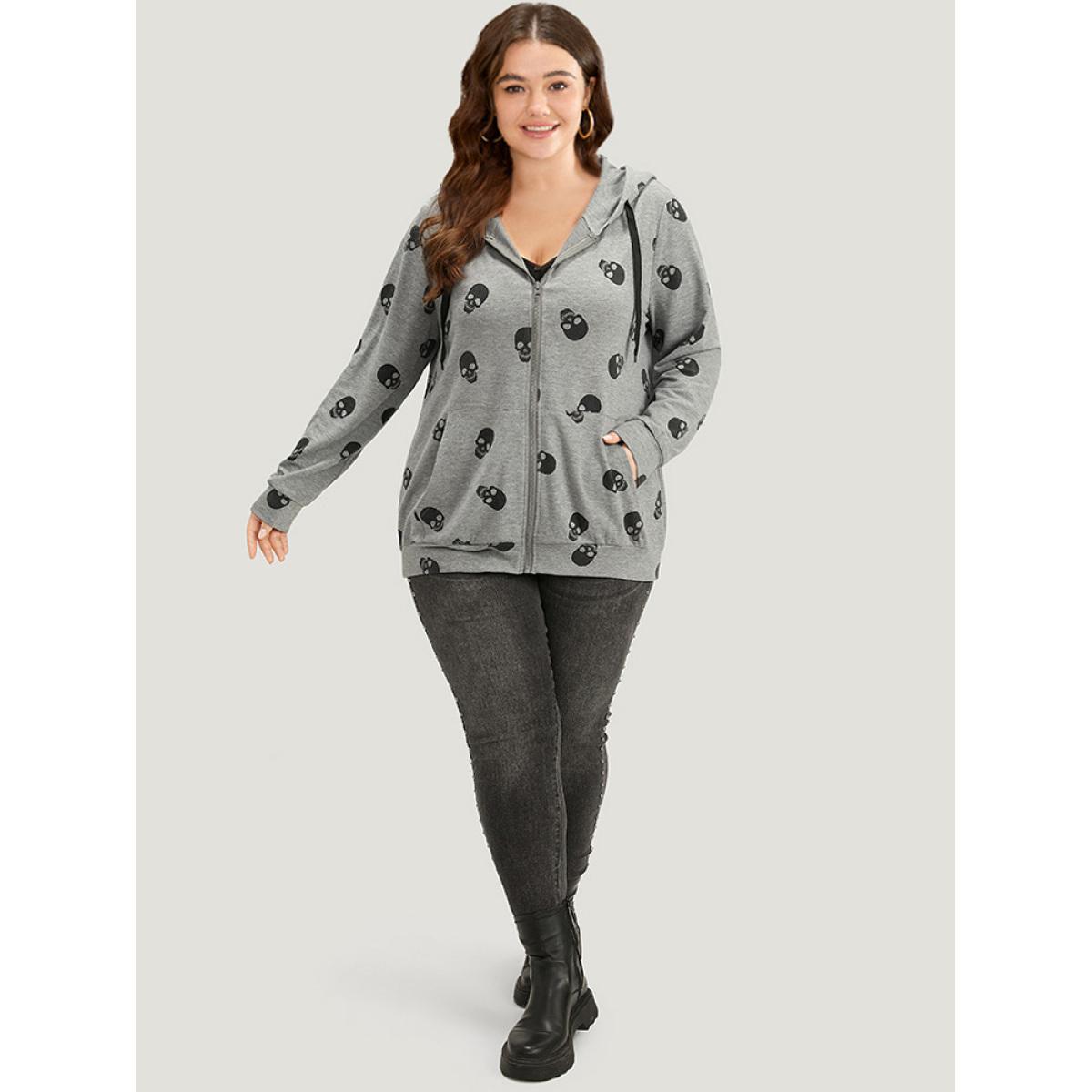 Plus Size Halloween Skull Print Pocket Zipper Hooded Sweatshirt Women Gray Casual Elastic cuffs Hooded Festival-Halloween Sweatshirts BloomChic 26/4X Product Image