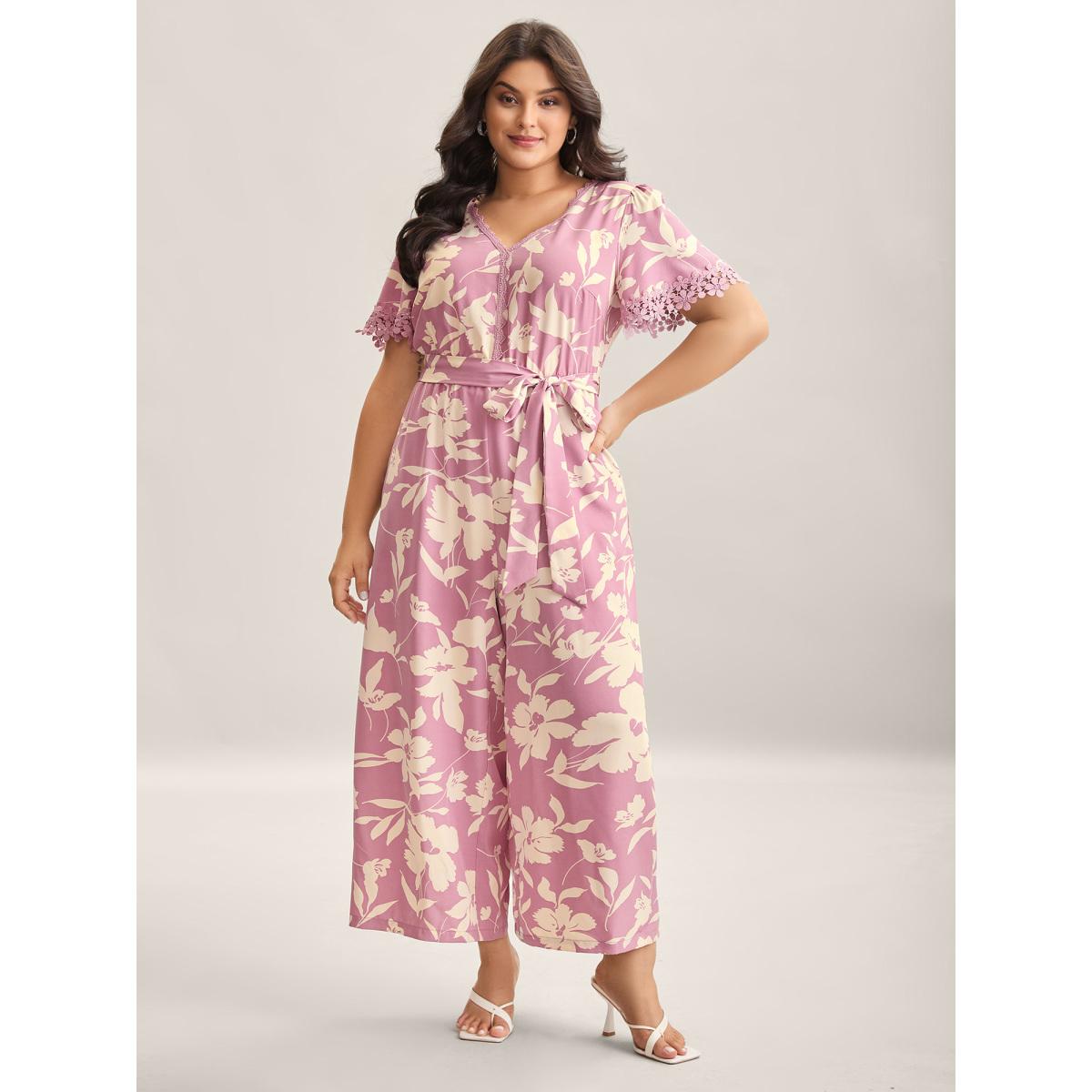Plus Size Beanpastepowder Floral Print Back Tie Jumpsuit Women Timeless Short sleeve V-neck Elegant Loose Jumpsuits BloomChic 26/4X Product Image