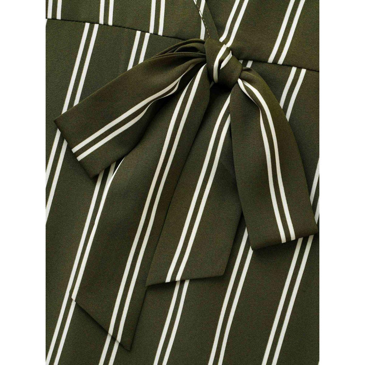 Plus Size Striped Tie Knot Lantern Sleeve Dress ArmyGreen Women Elegant Overlapping Shirt collar Long Sleeve Curvy BloomChic 26/4X Product Image