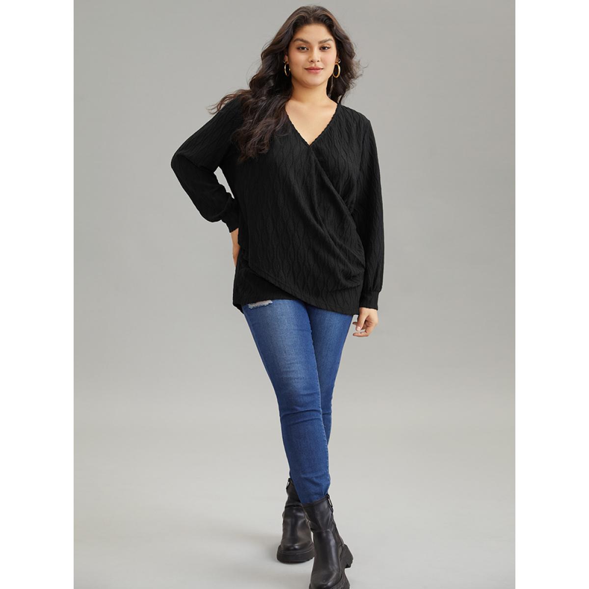 Plus Size Black Solid Jacquard Overlap Collar Crossover Blouse Women Casual Long Sleeve Overlap Collar Dailywear Blouses BloomChic 18-20/2X Product Image