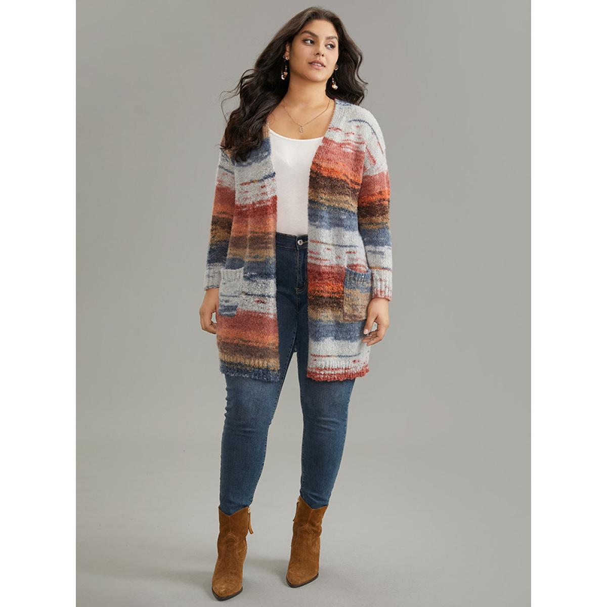 Plus Size Ombre Heather Contrast Pocket Cardigan Multicolor Women Casual Loose Long Sleeve Dailywear Cardigans BloomChic 10/M Product Image