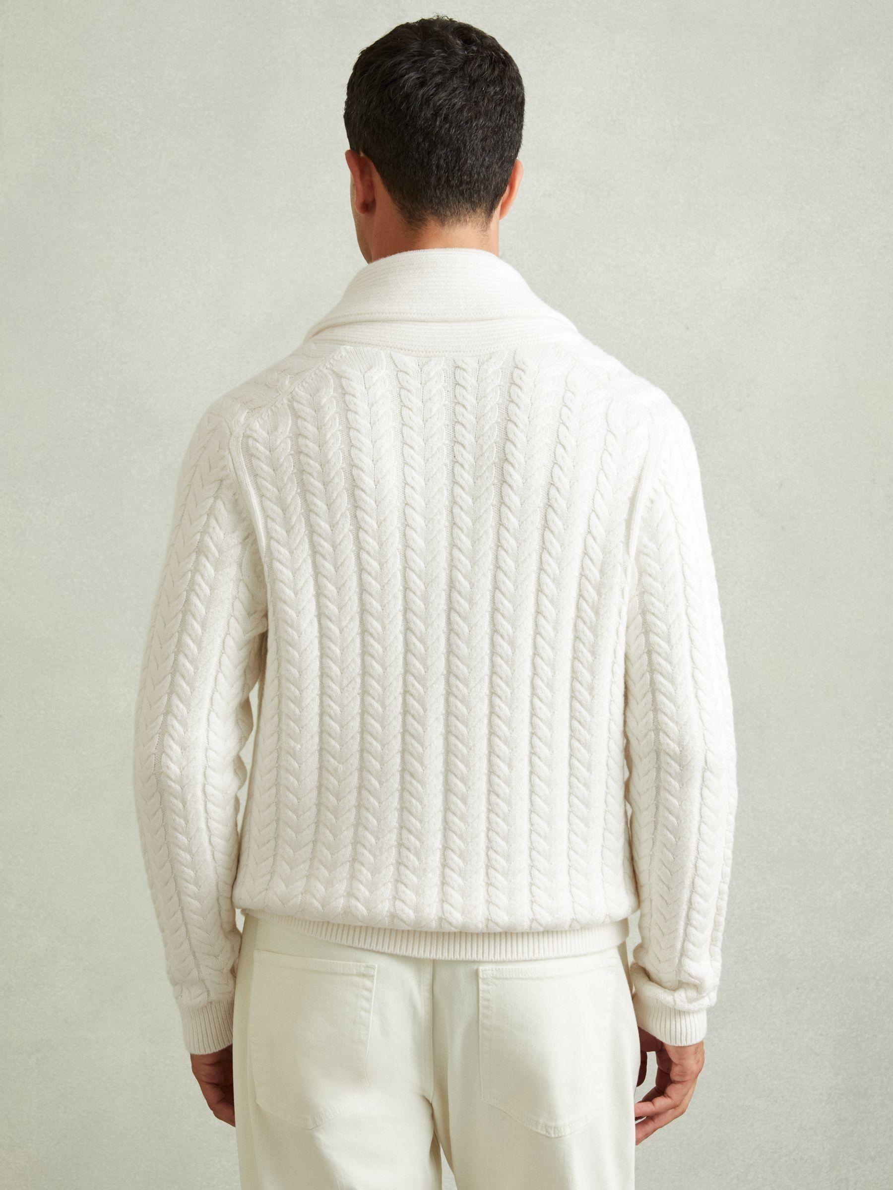 Cabled Shawl-Collar Cardigan with Cotton and Wool in White Product Image