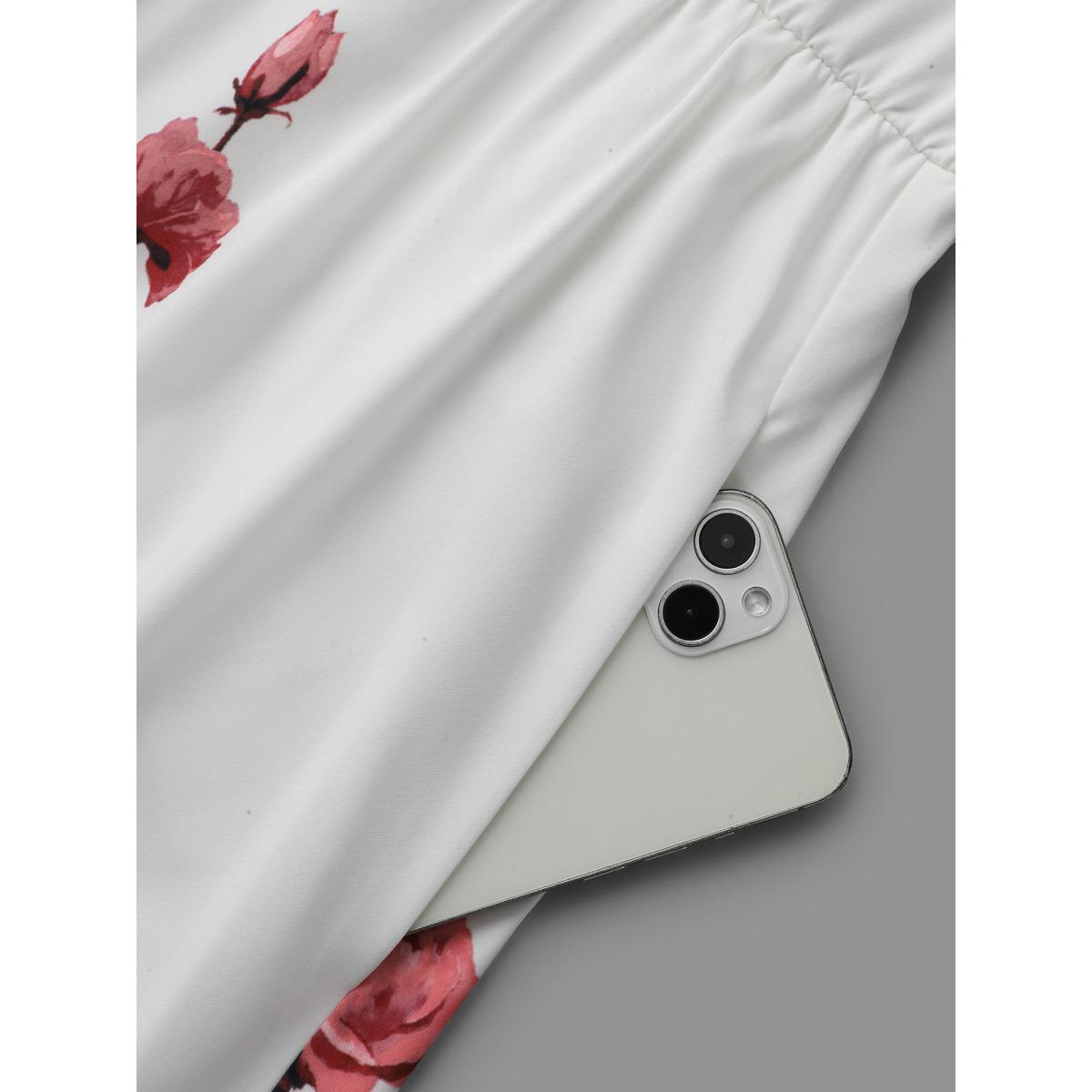 Plus Size Boho Print Lantern Sleeve Button Detail Dress Rosered Women Resort Button Flat collar with V-notch Long Sleeve Curvy BloomChic 10/M Product Image