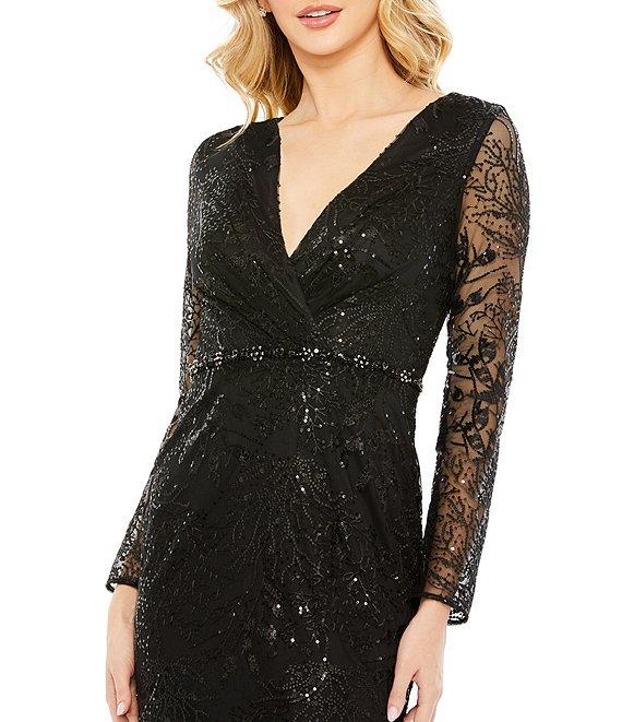 Mac Duggal Sequin Long Sleeve Surplice V-Neck Beaded Sheath Gown Product Image