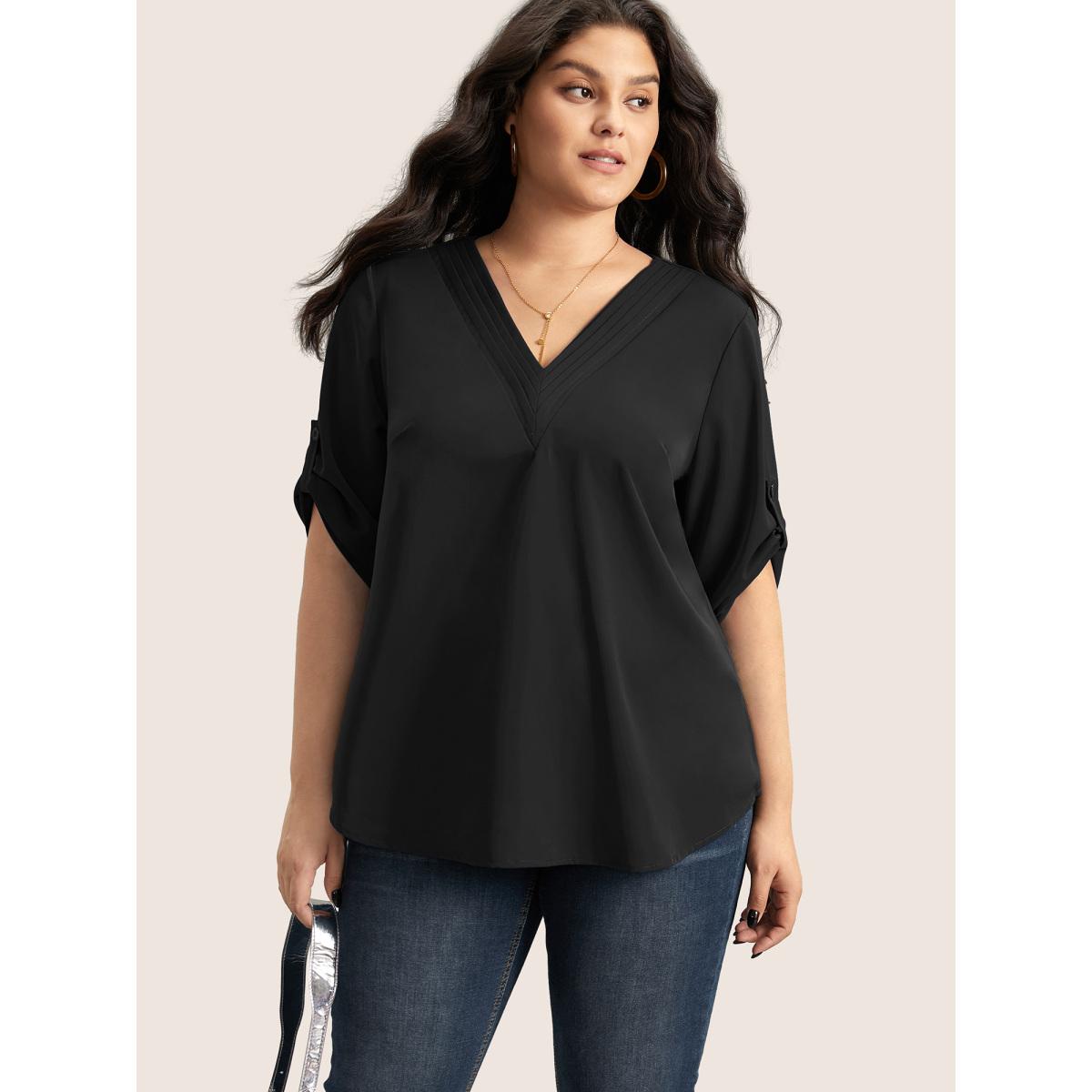 Plus Size Black V Neck Plain Pleated Tab Sleeve Blouse Women Office Elbow-length sleeve V-neck Office Blouses BloomChic 12/L Product Image