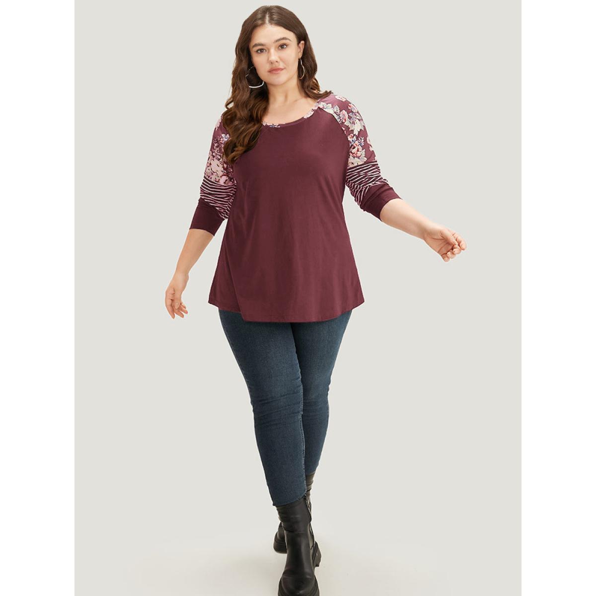 Plus Size Floral Striped Patchwork Crew Neck Raglan Sleeve T-shirt Burgundy Women Casual Contrast Striped Round Neck Dailywear T-shirts BloomChic 10/M Product Image
