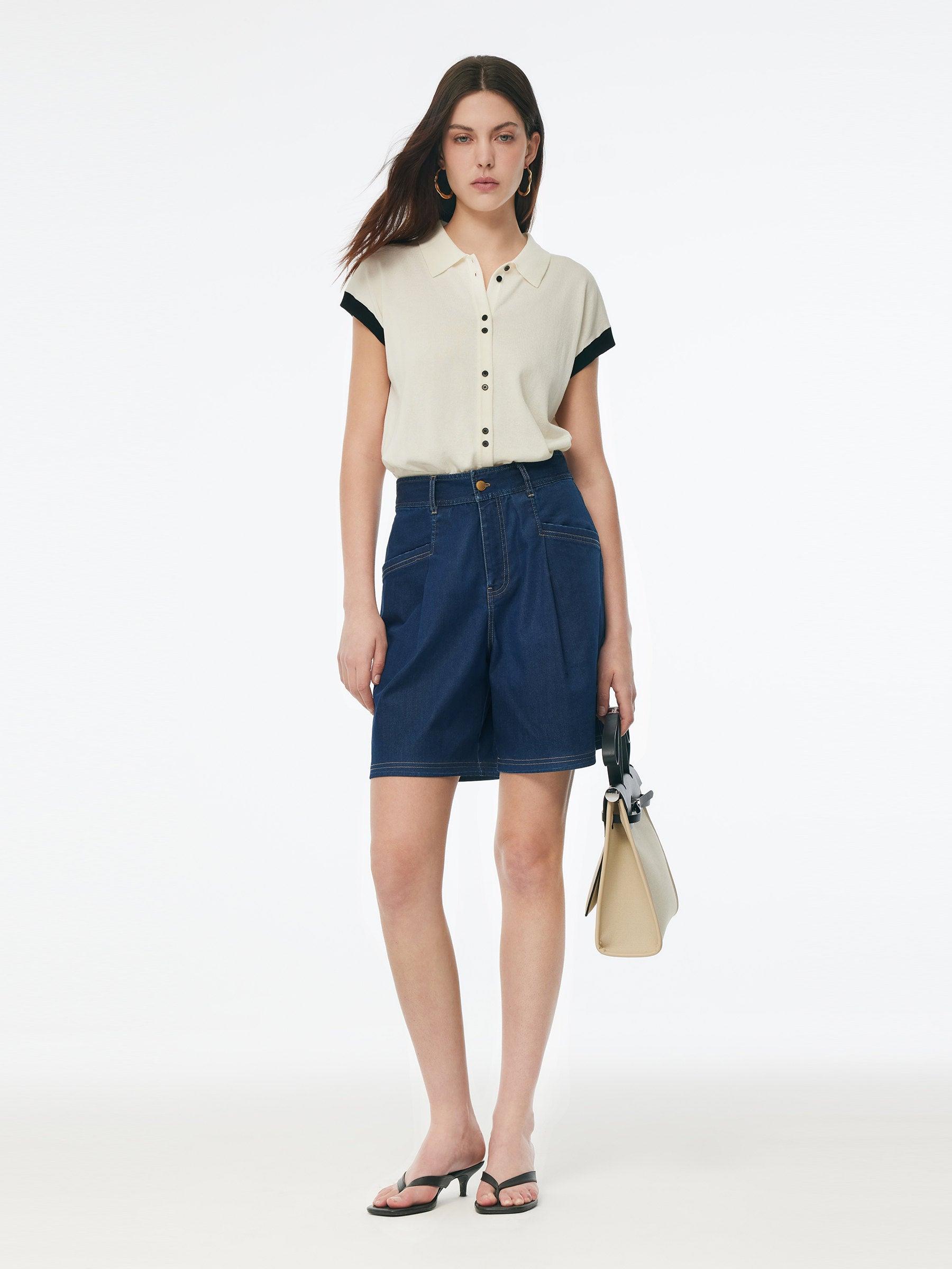 Denim Stretch Adjustable High-Waisted Women Shorts Product Image