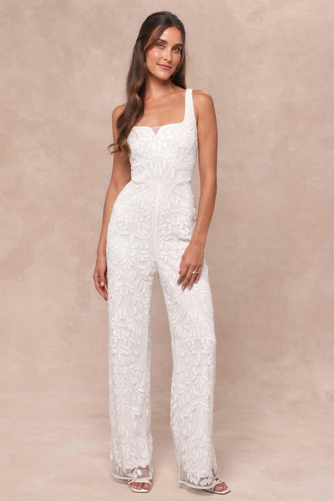 Glittering Influence White Mesh Beaded Lace-Up Jumpsuit Product Image