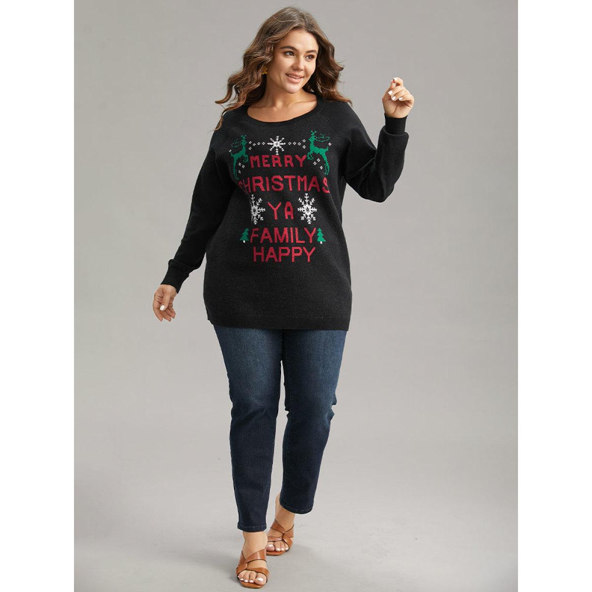 Plus Size Supersoft Essentials Christmas Elk Letter Crew Neck Pullover Black Women Casual Long Sleeve Round Neck Festival-Christmas Pullovers BloomChic 28/5X Product Image