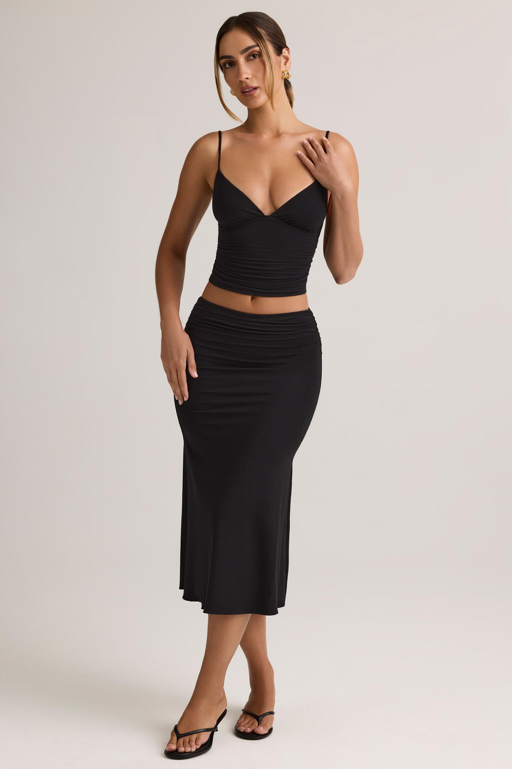 Modal Ruched Mid-Rise Midaxi Skirt in Black Product Image