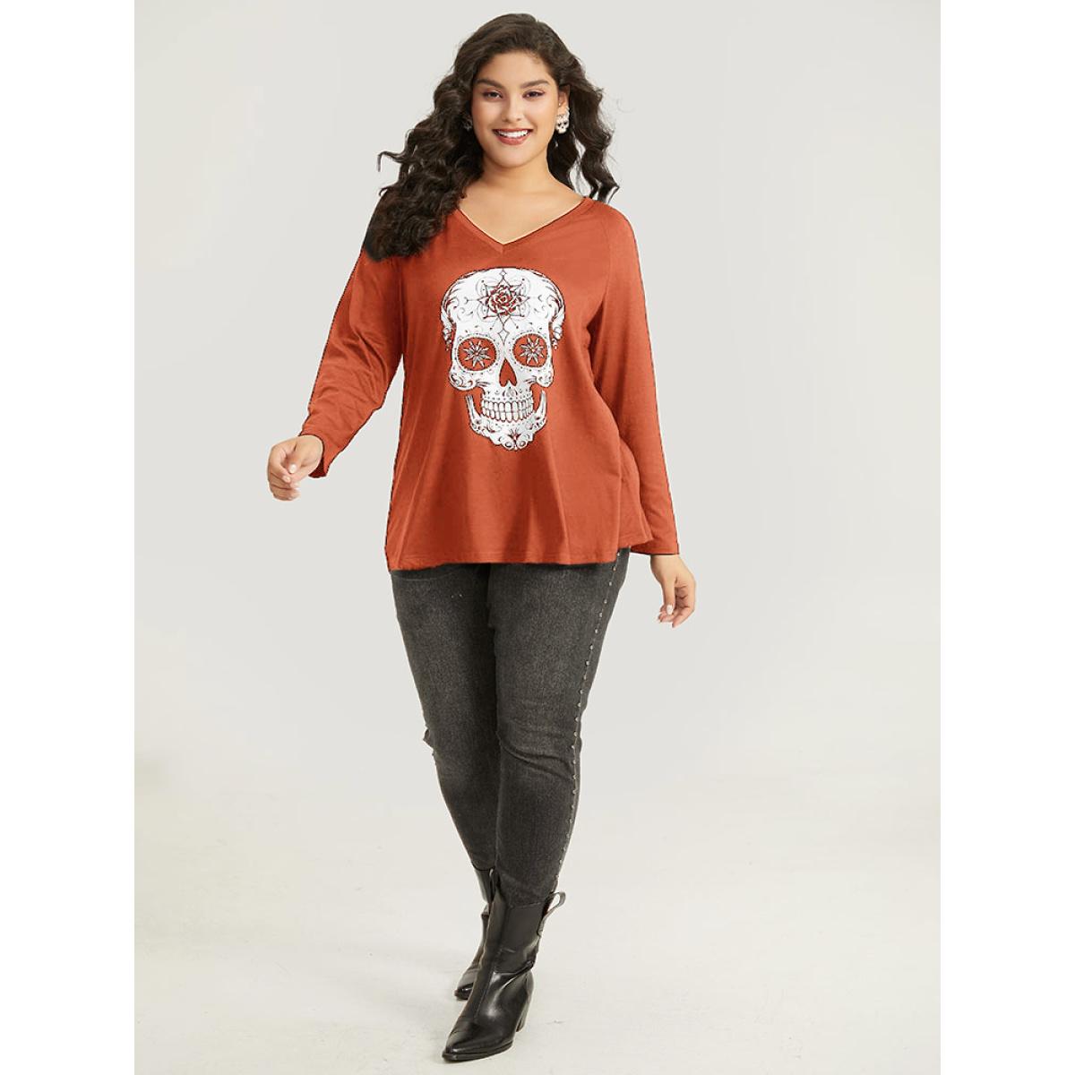 Plus Size Halloween Skull Print Long Sleeve T-shirt Chocolate Women Casual Printed Halloween Festival-Halloween T-shirts BloomChic 14-16/1X Product Image