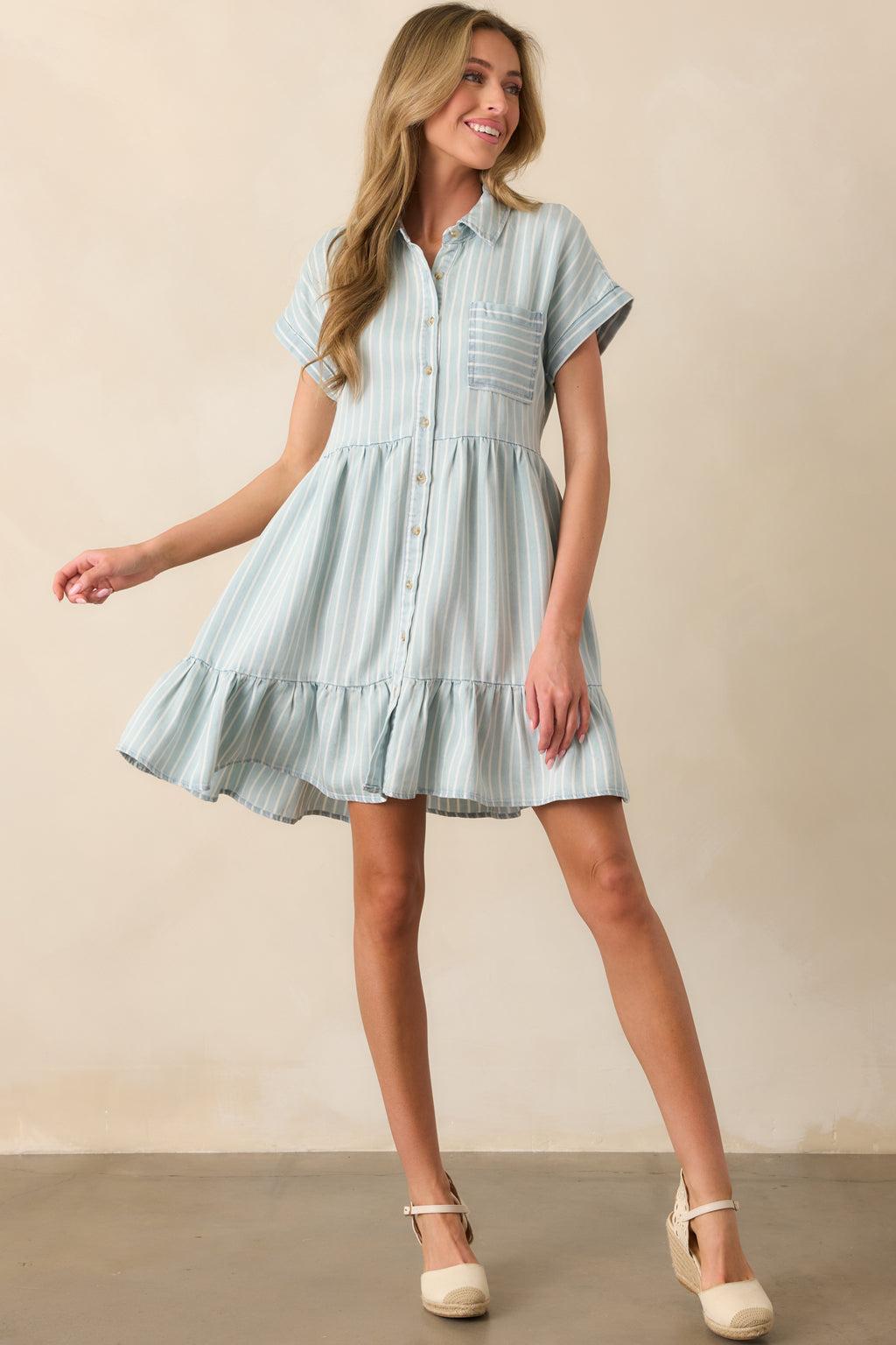 Whispering Waves Chambray Stripe Short Sleeve Mini Dress Product Image