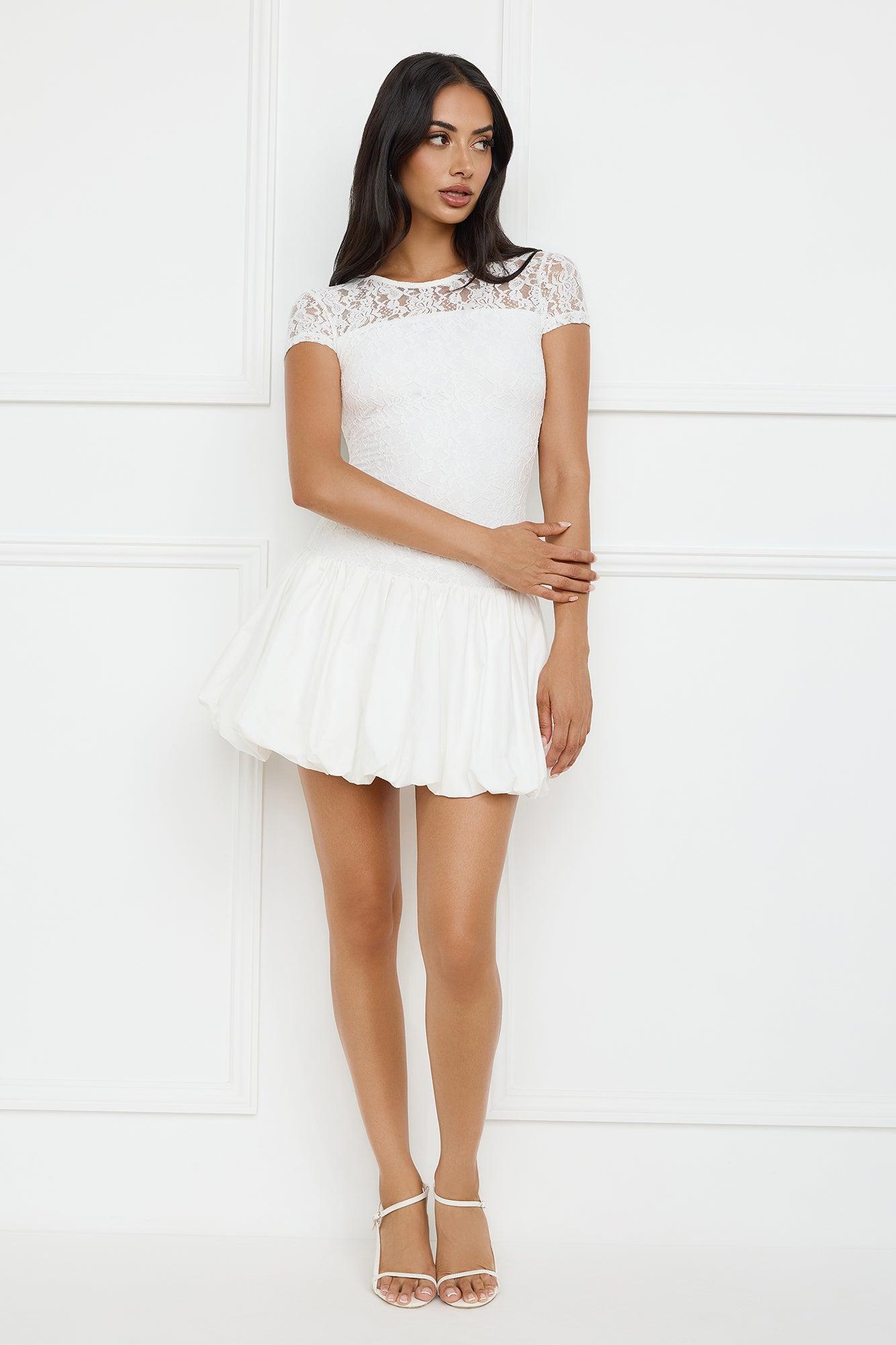 Downtown Diva Lace Bubble Mini Dress White Product Image