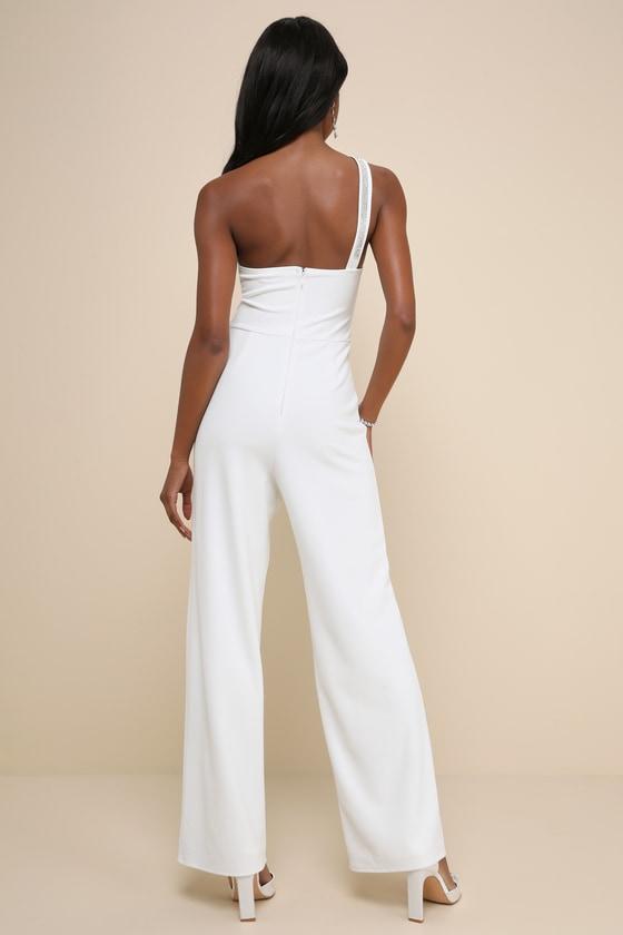 Sparkling Praise White Notched Rhinestone One-Shoulder Jumpsuit Product Image