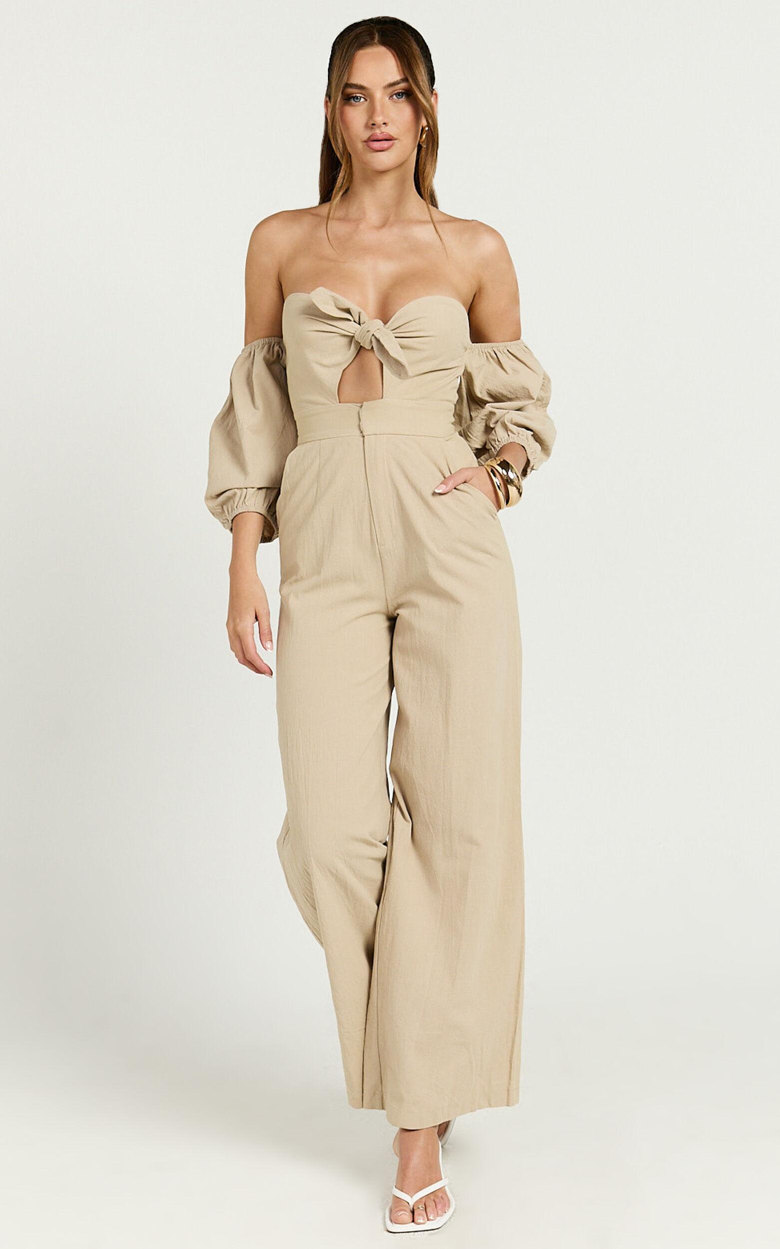 Maja Jumpsuit - Front Tie Off Shoulder Jumpsuit in Sand Product Image