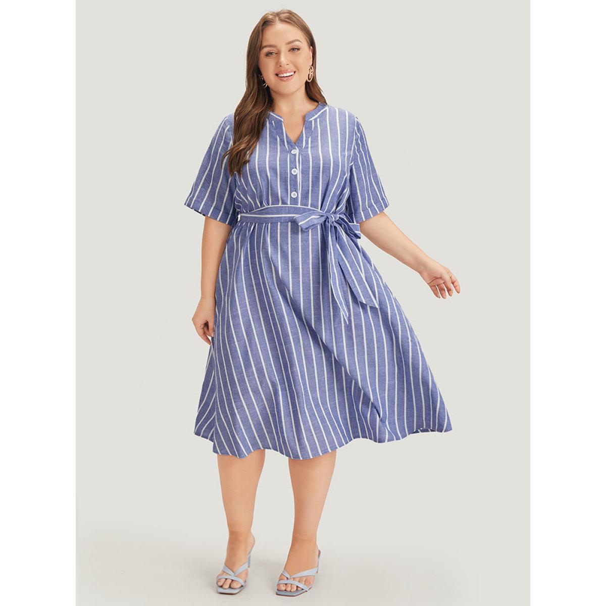 Plus Size Striped Print Belt Pocket Notched Button Up Dress Blue Women Office Cross straps Notched collar Short sleeve Curvy Midi Dress BloomChic 22-24/3X Product Image