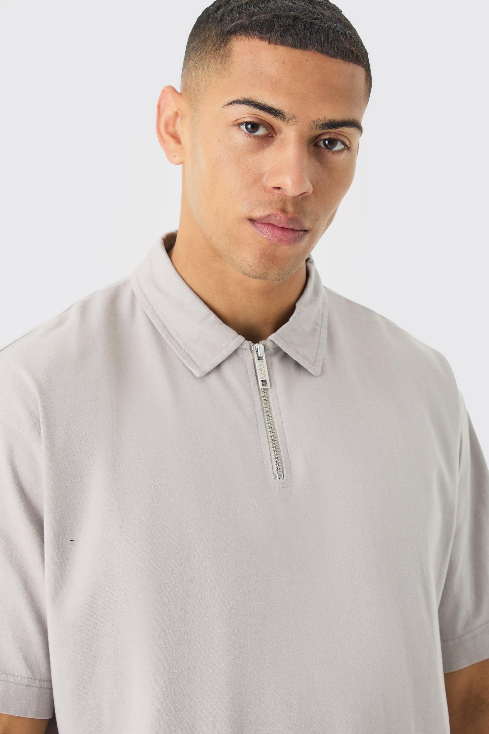 Oversized Heavy Zip Neck Polo | boohooMAN USA Product Image