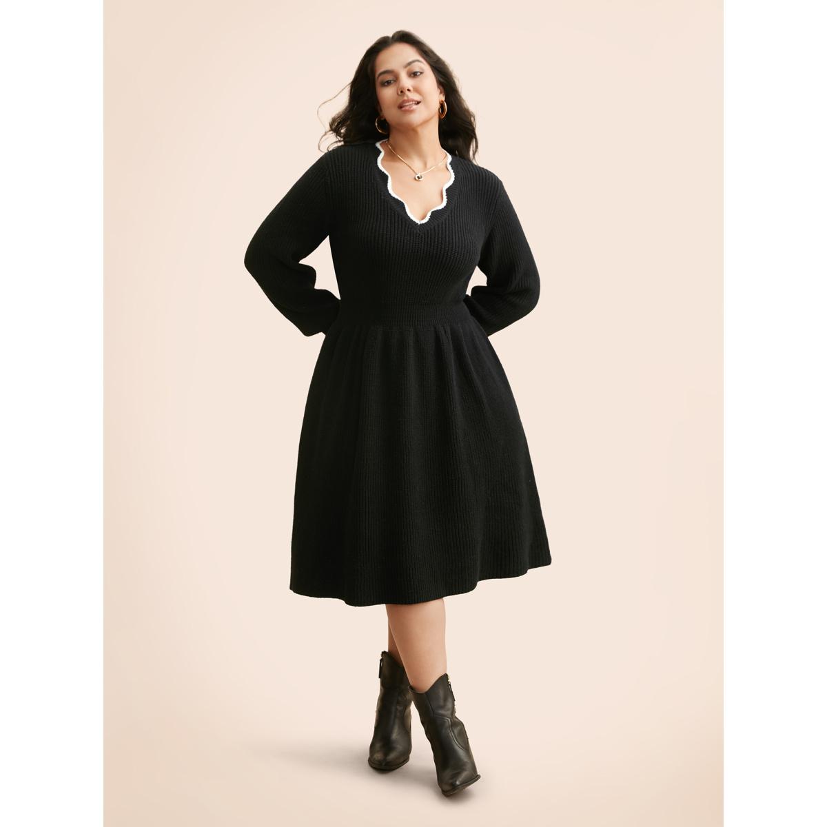 Plus Size Supersoft Essentials Contrast Lace Collar Wool Sweater Dress Black Women Casual Long Sleeve Everyday Sweater Dresses BloomChic 12/L Product Image