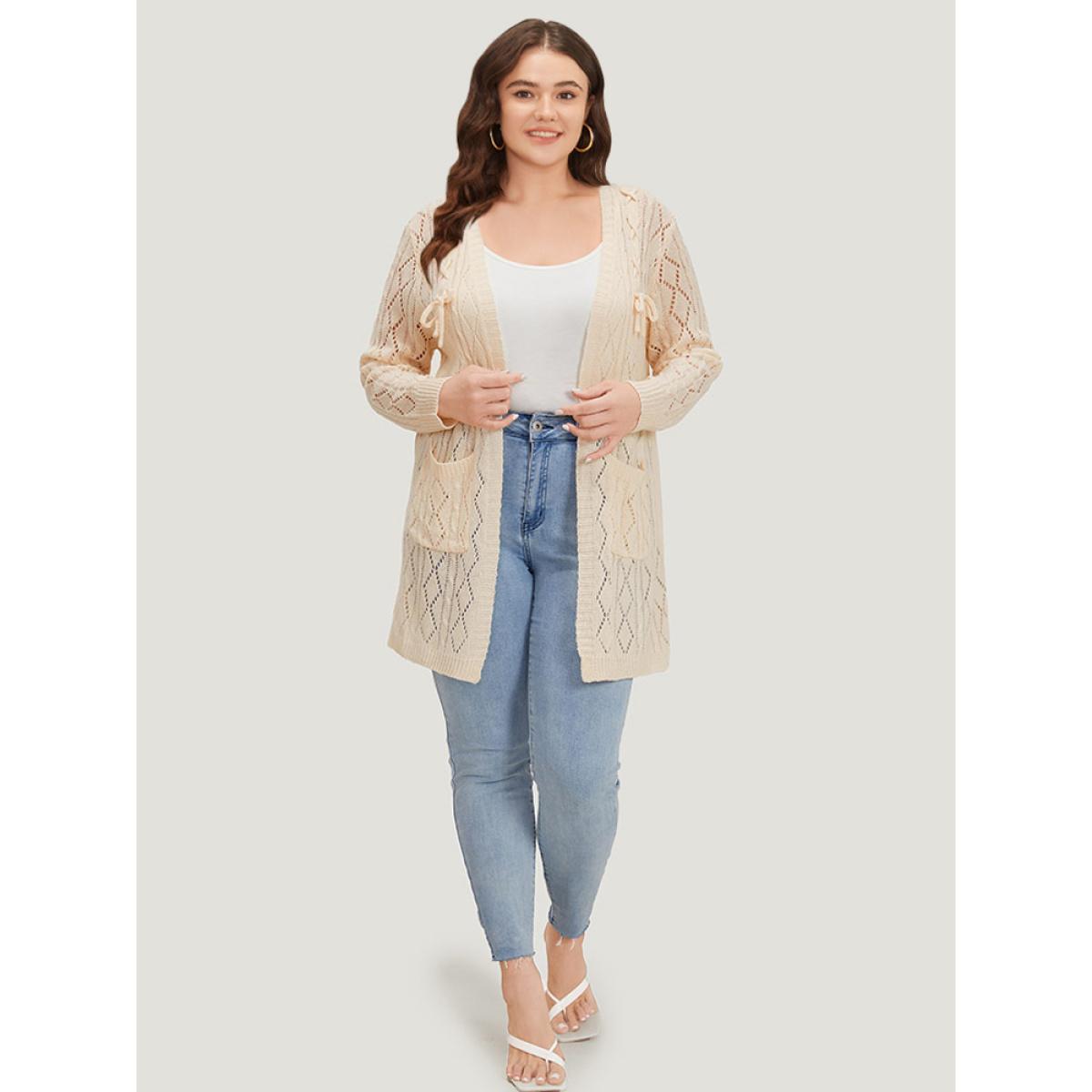 Plus Size Solid Bowknot Detail Patched Pocket Hollow Out Cardigan Apricot Women Casual Loose Long Sleeve Everyday Cardigans BloomChic 28/5X Product Image