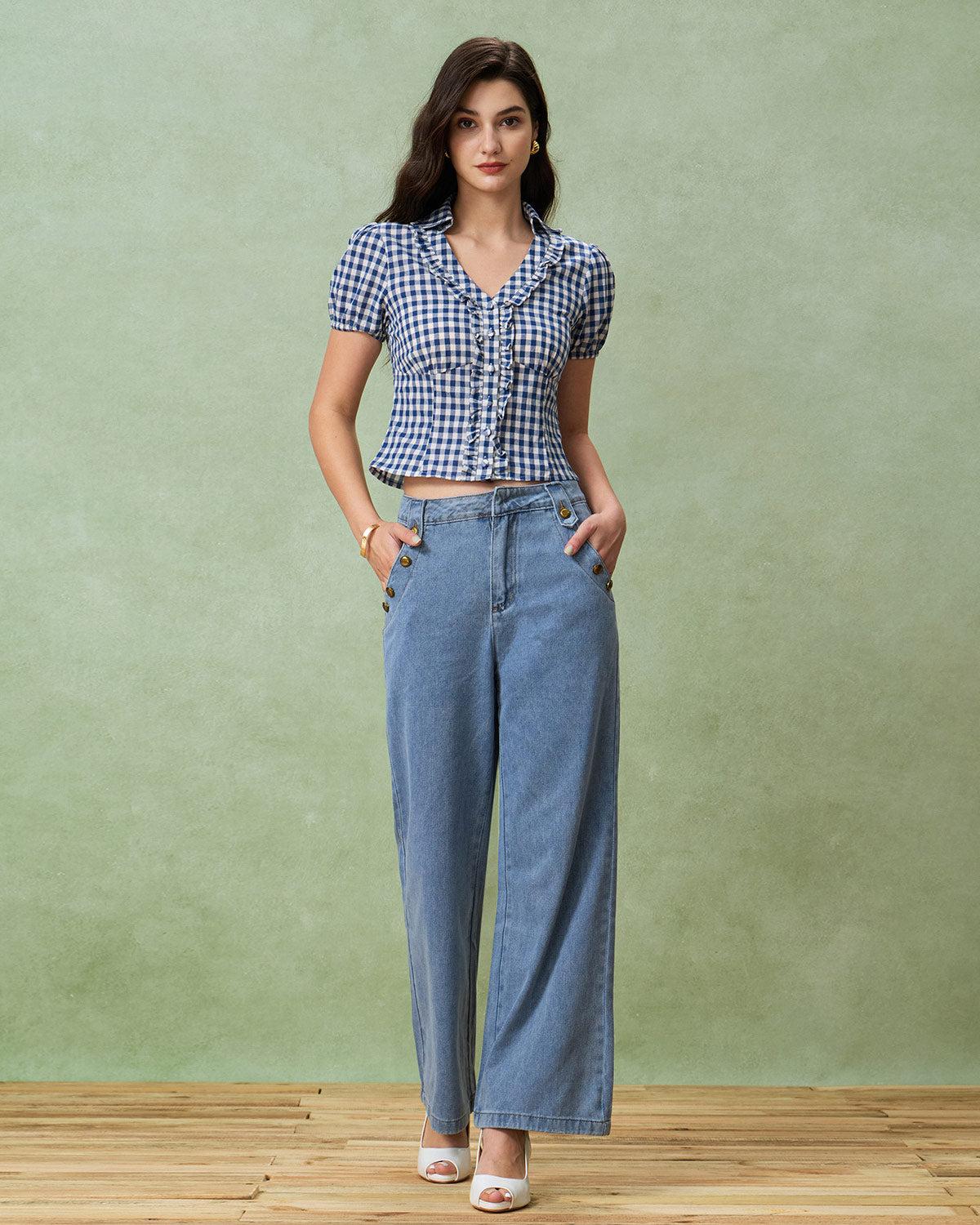 Blue Plaid Puffed Sleeve Blouse Product Image