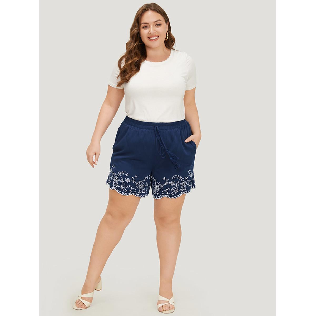 Plus Size Floral Embroidered Pocket Knotted Lettuce Trim Shorts Women Indigo Vacation Knotted Dailywear Shorts BloomChic 18-20/2X Product Image