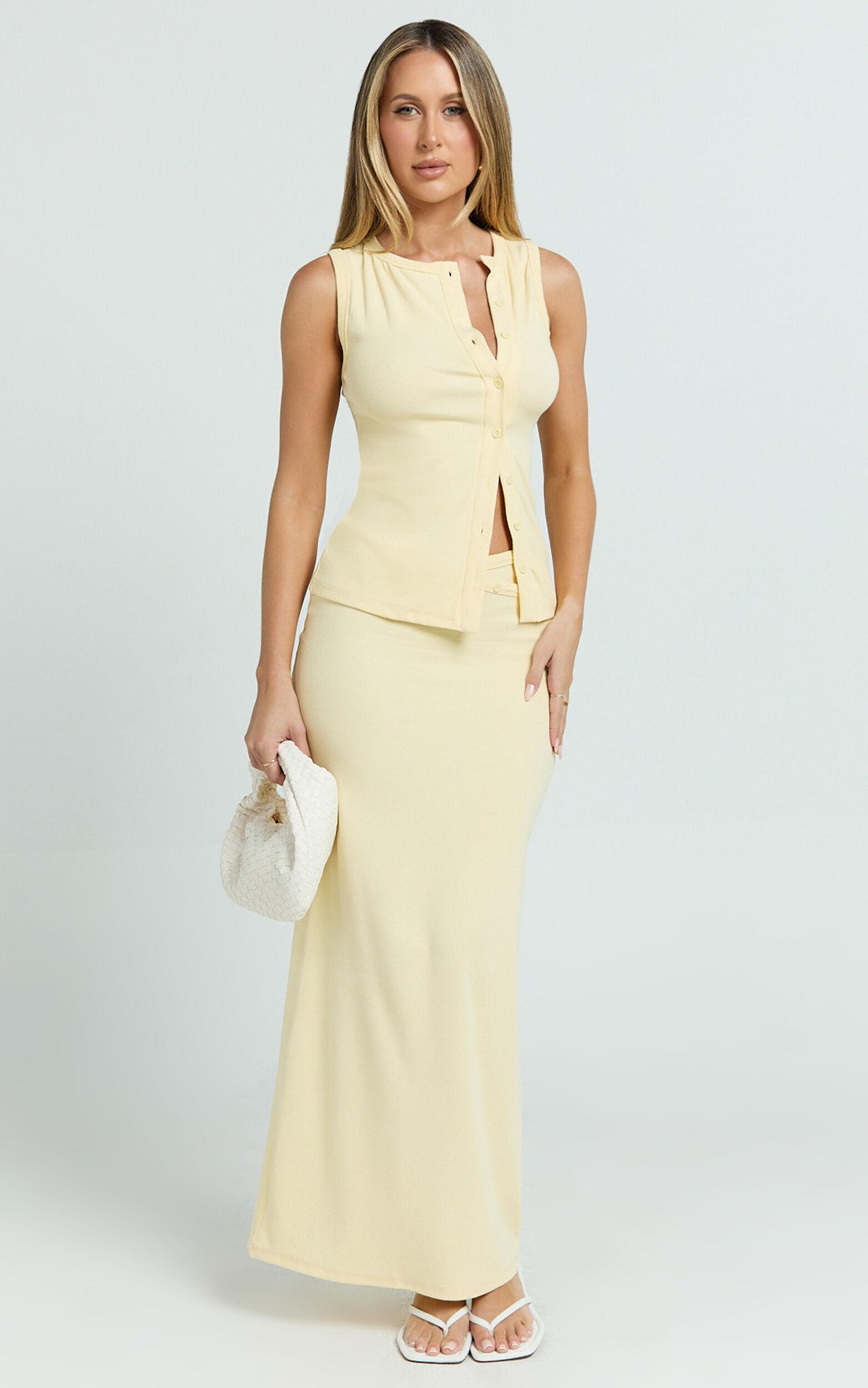Brittany Two Piece Top and Skirt Set - Ribbed Skirt Set in Yellow Product Image