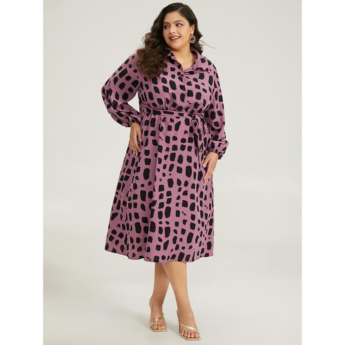 Plus Size Shirt Collar Brush Print Belted Dress Mauve Women Office Belted Shirt collar Long Sleeve Curvy Midi Dress BloomChic 28/5X Product Image