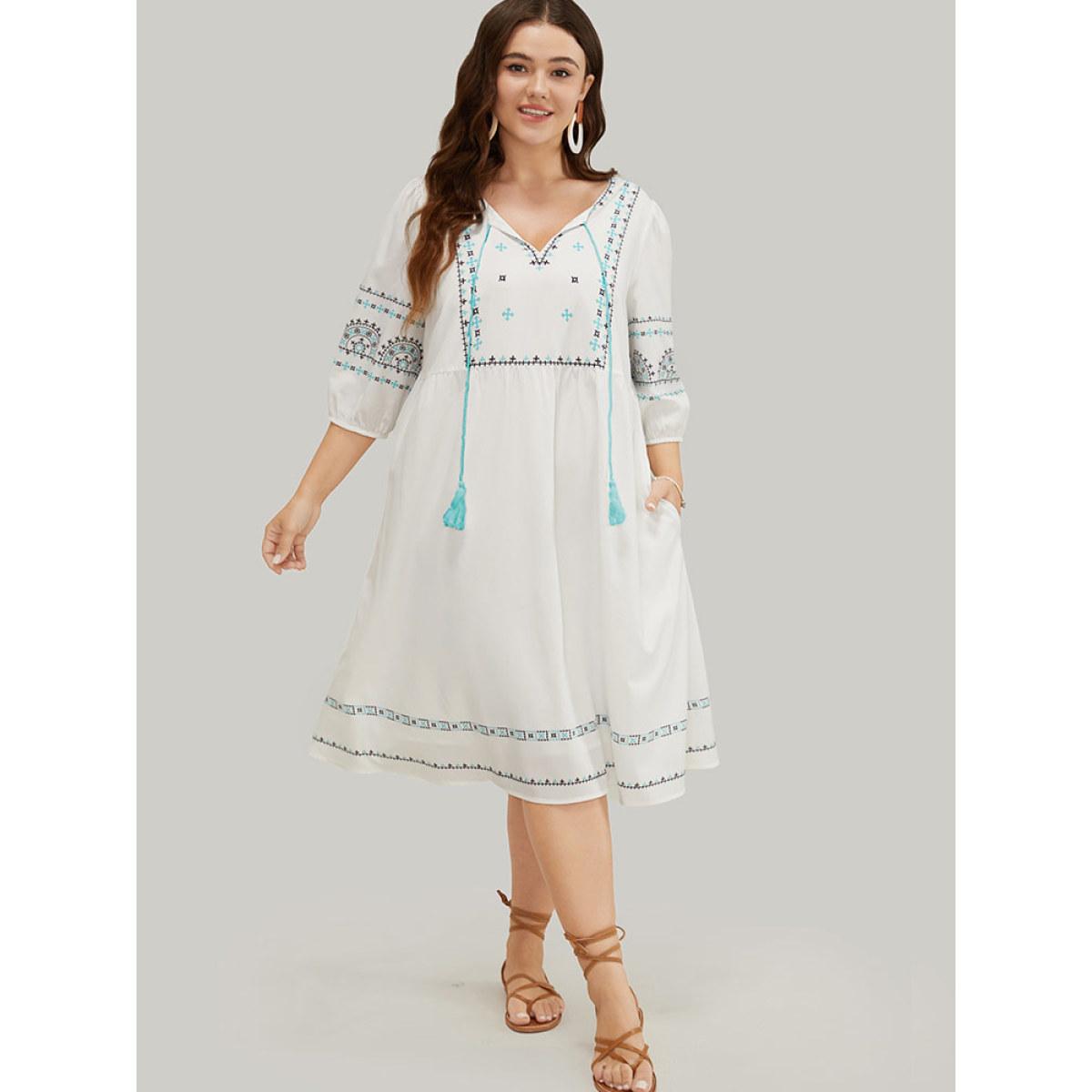 Plus Size Bandana Print Tassels Lantern Sleeve Pocket Midi Dress White Women Vacation Tassels Tie Neck Elbow-length sleeve Curvy Midi Dress BloomChic 28/5X Product Image