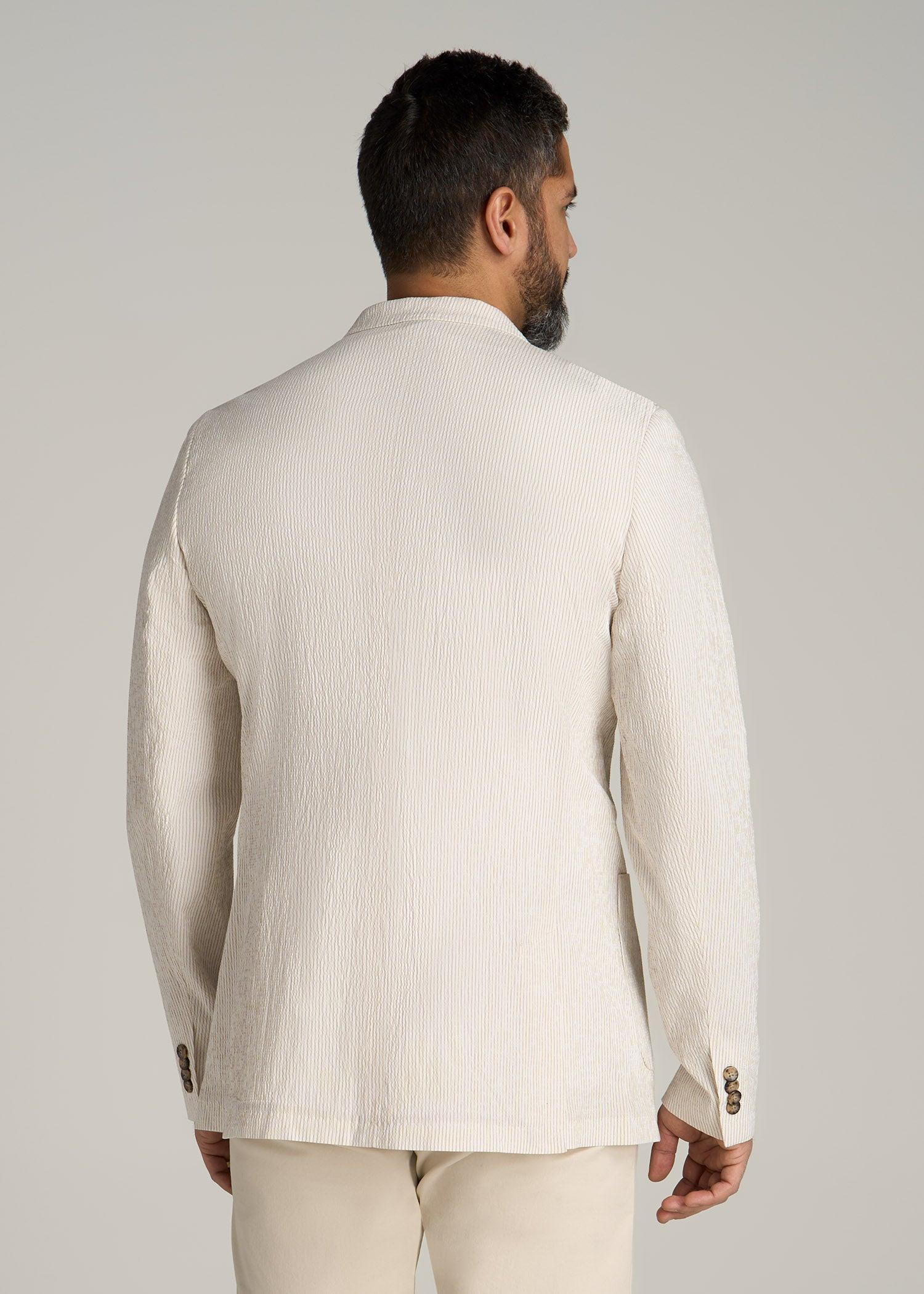 Stretch Seersucker Blazer for Tall Men in Off White and Beige Stripe Male Product Image