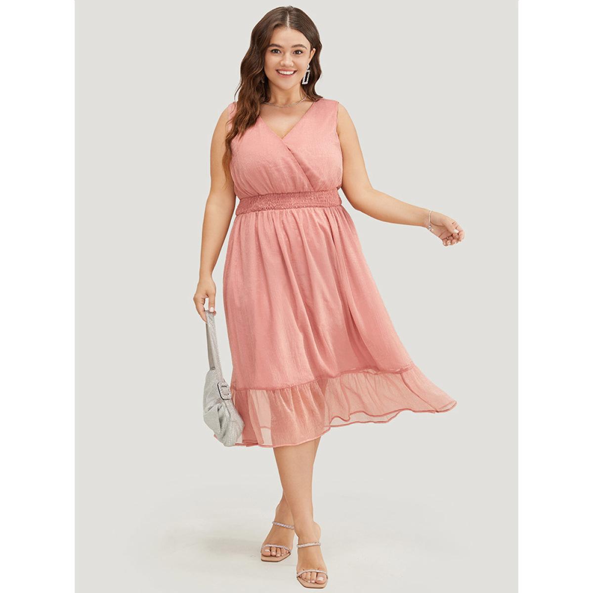 Plus Size Solid Pocket Ruffle Hem Wrap Shirred Tank Dress Pink Women Party Wrap V-neck Sleeveless Curvy Midi Dress BloomChic 22-24/3X Product Image
