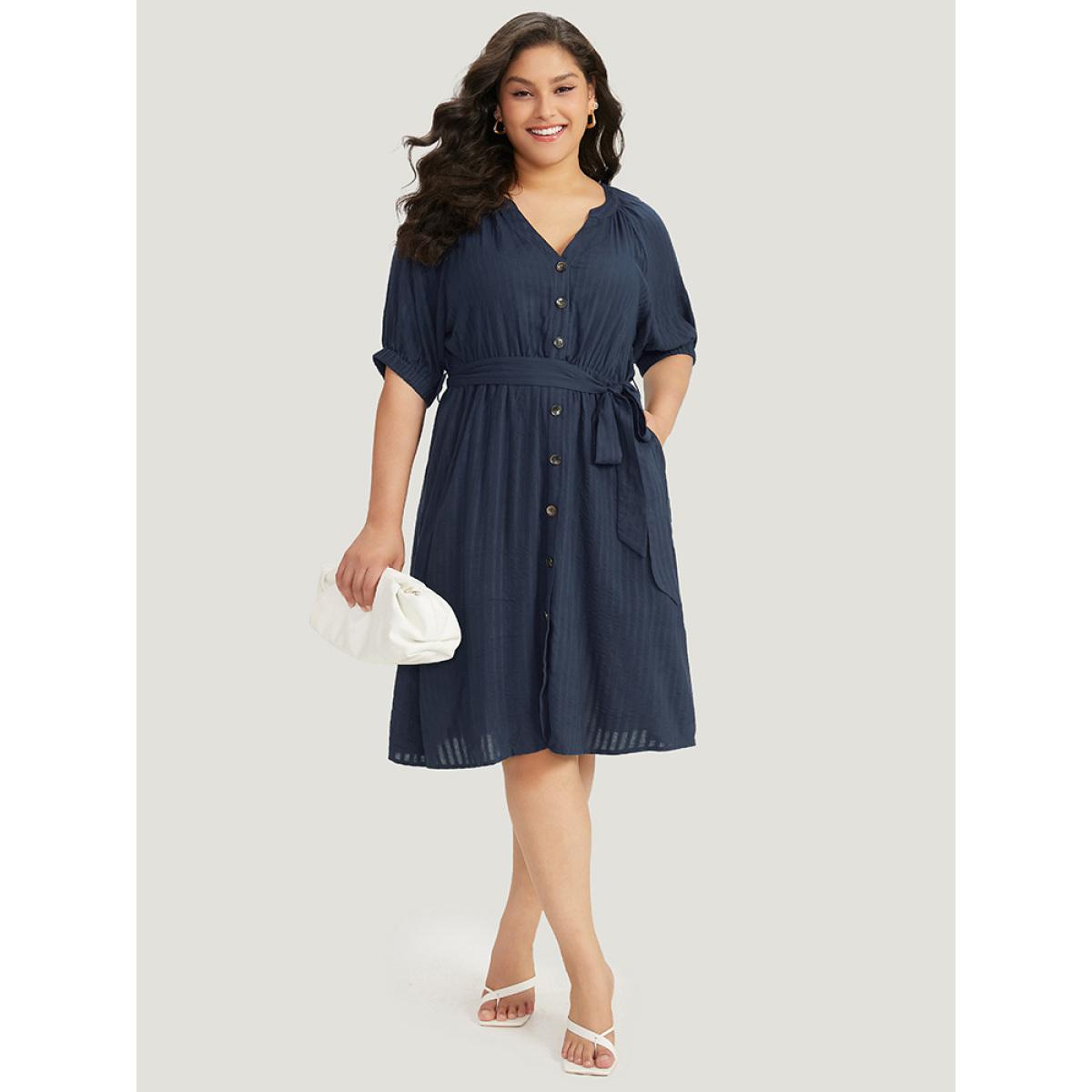 Plus Size Solid Button Through Notched Belted Dress Navy Women Office Elastic cuffs Notched collar Short sleeve Curvy Midi Dress BloomChic 30/6X Product Image