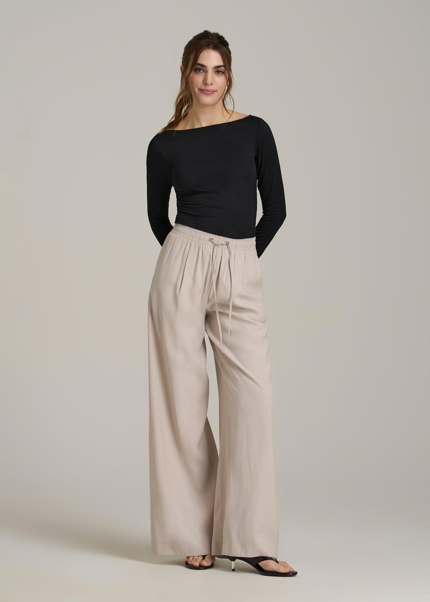 Boatneck Long Sleeve Exposed Seam Top for Tall Women in Black Female Product Image