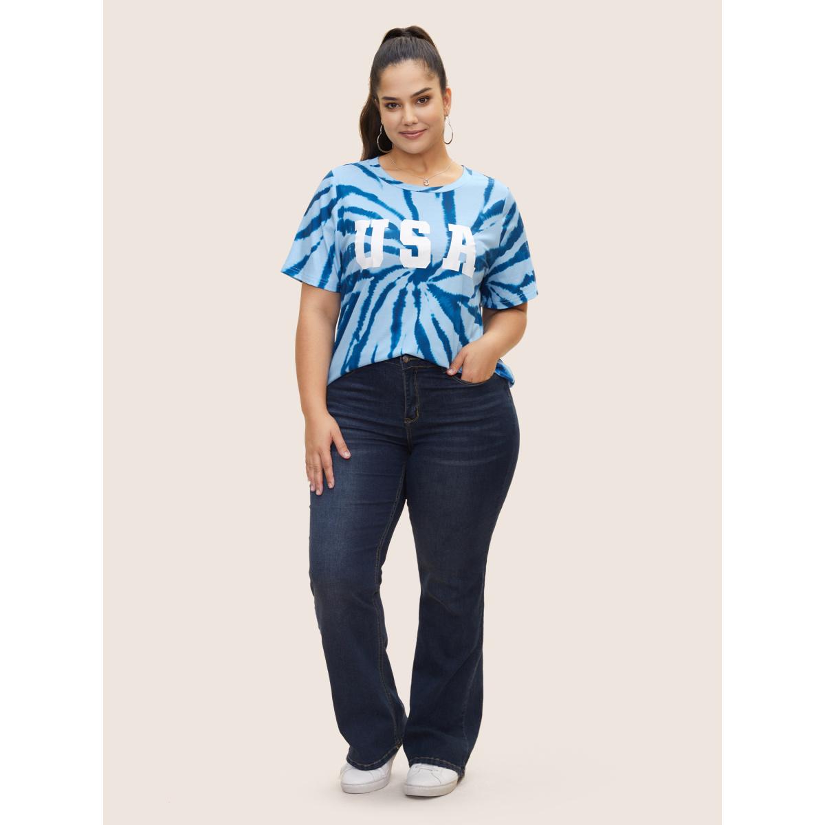 Plus Size USA Print Round Neck Tie Dye T-Shirt DarkBlue Women Casual Contrast Art&design Round Neck Everyday T-shirts BloomChic 14-16/1X Product Image