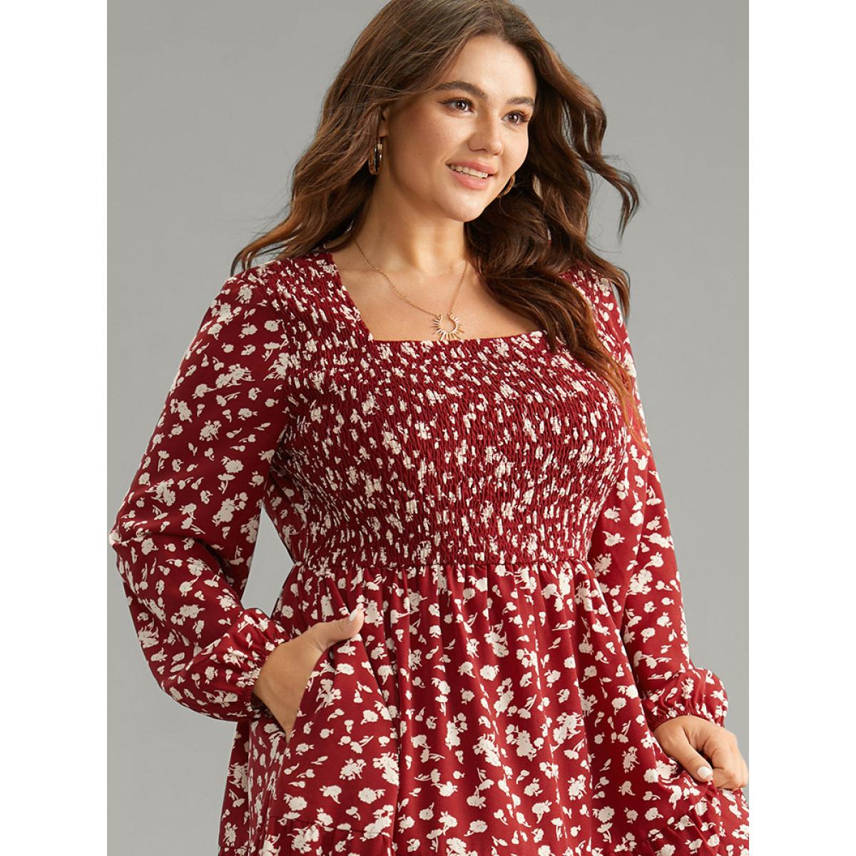 Plus Size Ditsy Floral Square Neck Shirred Gathered Dress Scarlet Women Casual Elastic cuffs Square Neck Long Sleeve Curvy Midi Dress BloomChic 26/4X Product Image