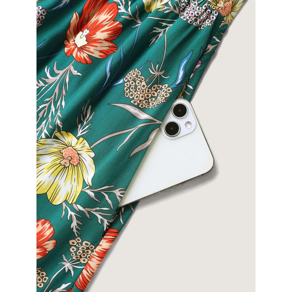 Plus Size Floral Print Stretchy-Waist Split Midi Dress DarkGreen Women Overlap Collar Short sleeve Curvy BloomChic 26/4X Product Image