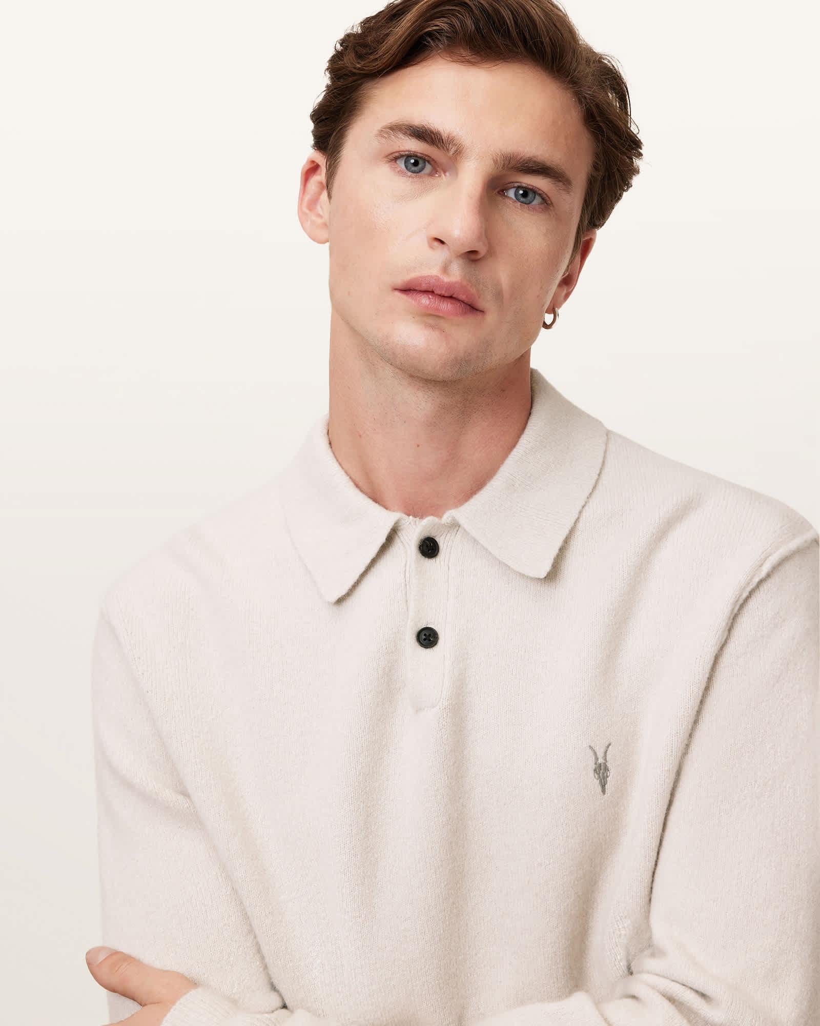 Statten Long Sleeve Ramskull Polo Sweater CLOUDY WHITE | ALLSAINTS US Product Image