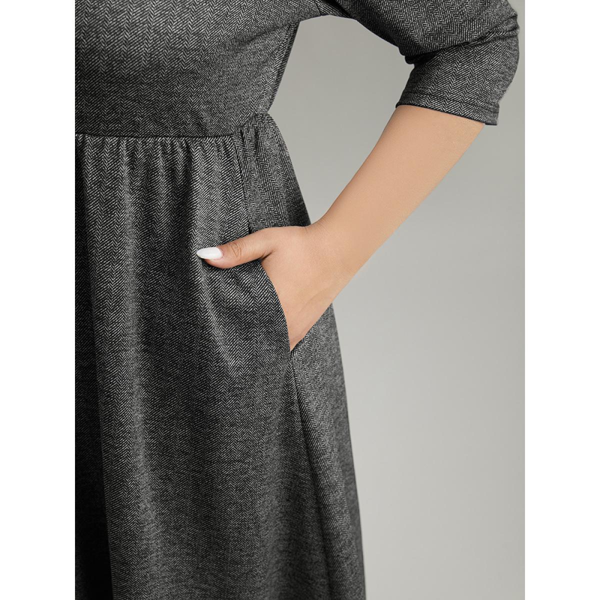 Plus Size Plain Textured Pocket Elastic Waist Gathered Dress DarkGray Women Casual Texture Round Neck Elbow-length sleeve Curvy Midi Dress BloomChic 22-24/3X Product Image